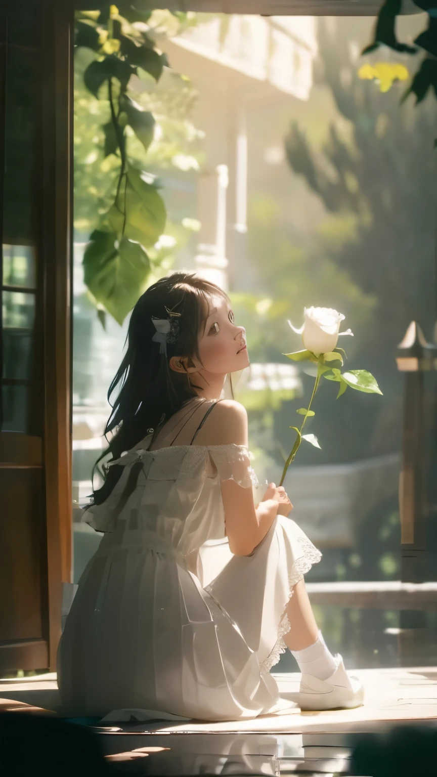 ((top quality)), ((Masterpiece)), ((Super detailed)), (extremely delicate and beautiful),Ray tracing,White Rose,sit cross-legged,((white socks))