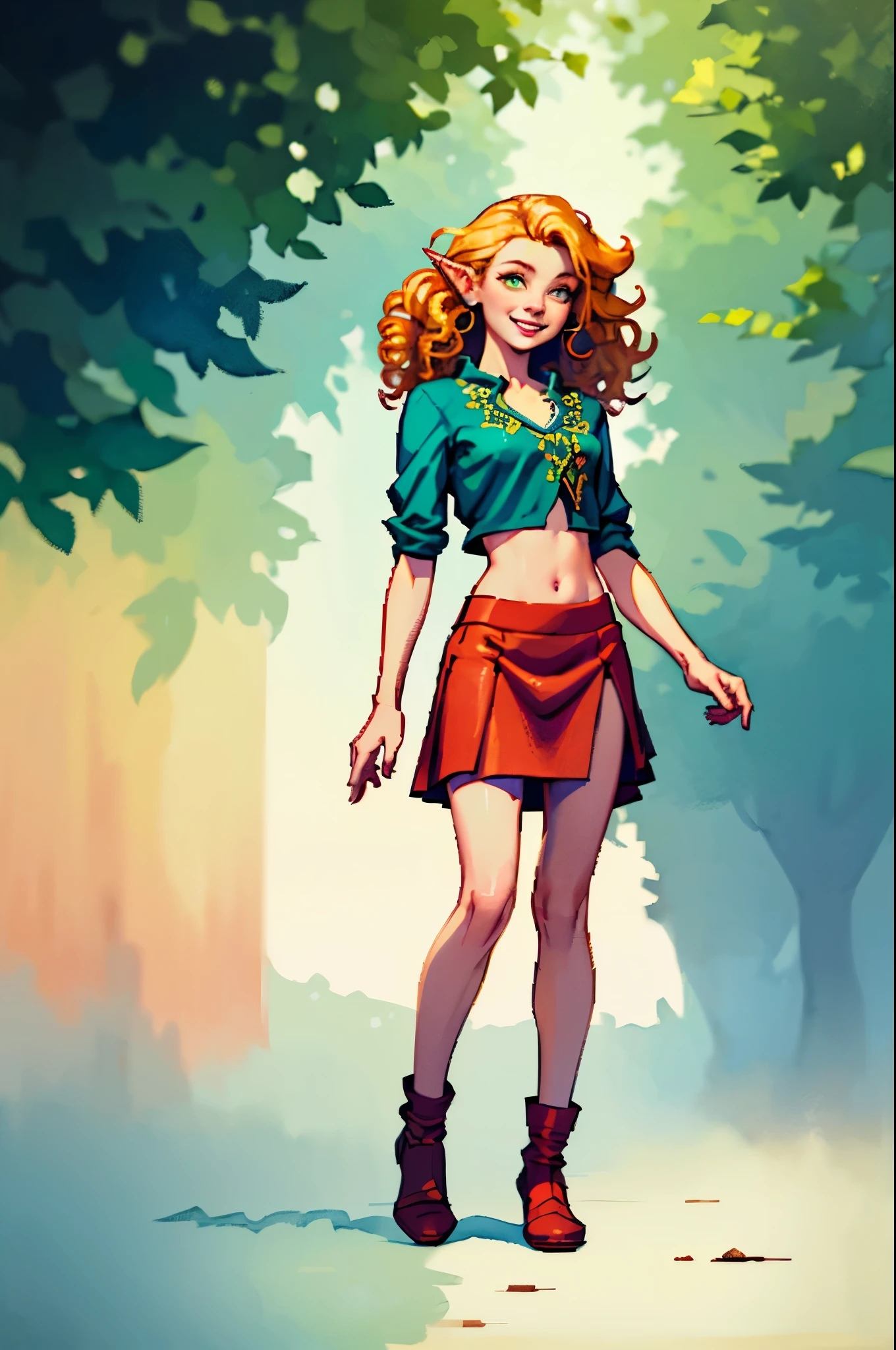 Gnome woman, bright eyes, curly hair, pointed ears, ((full body)), short stature, gypsy, wearing blue blouse and red skirt, bare midriff, in a green forest. Smiling, playful, watercolor illustration, dramatic lighting, (depth of field), ((masterpiece)), ((best quality)), ((highly detailed))
