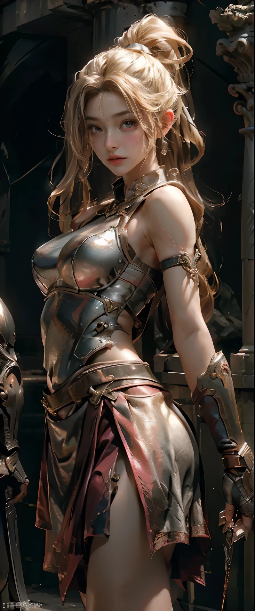 masterpiece、highest quality、超High resolution、realistic skin texture、leather armor、Exposed breasts、photorealistic、High resolution、Raw photo、shiny skin、realistic skin texture、best lighting、shine、dramatic lighting、dynamic pose、Background of Greek temples、Ancient Female Warrior、have a big sword、ancient arena、1girl、balanced eyes、pink armor、roman skirt plate、slave warrior、Blonde long-haired、ponytail、Blue eyes、look at the audience、 big breasts、big ass、Lock、iron collar、