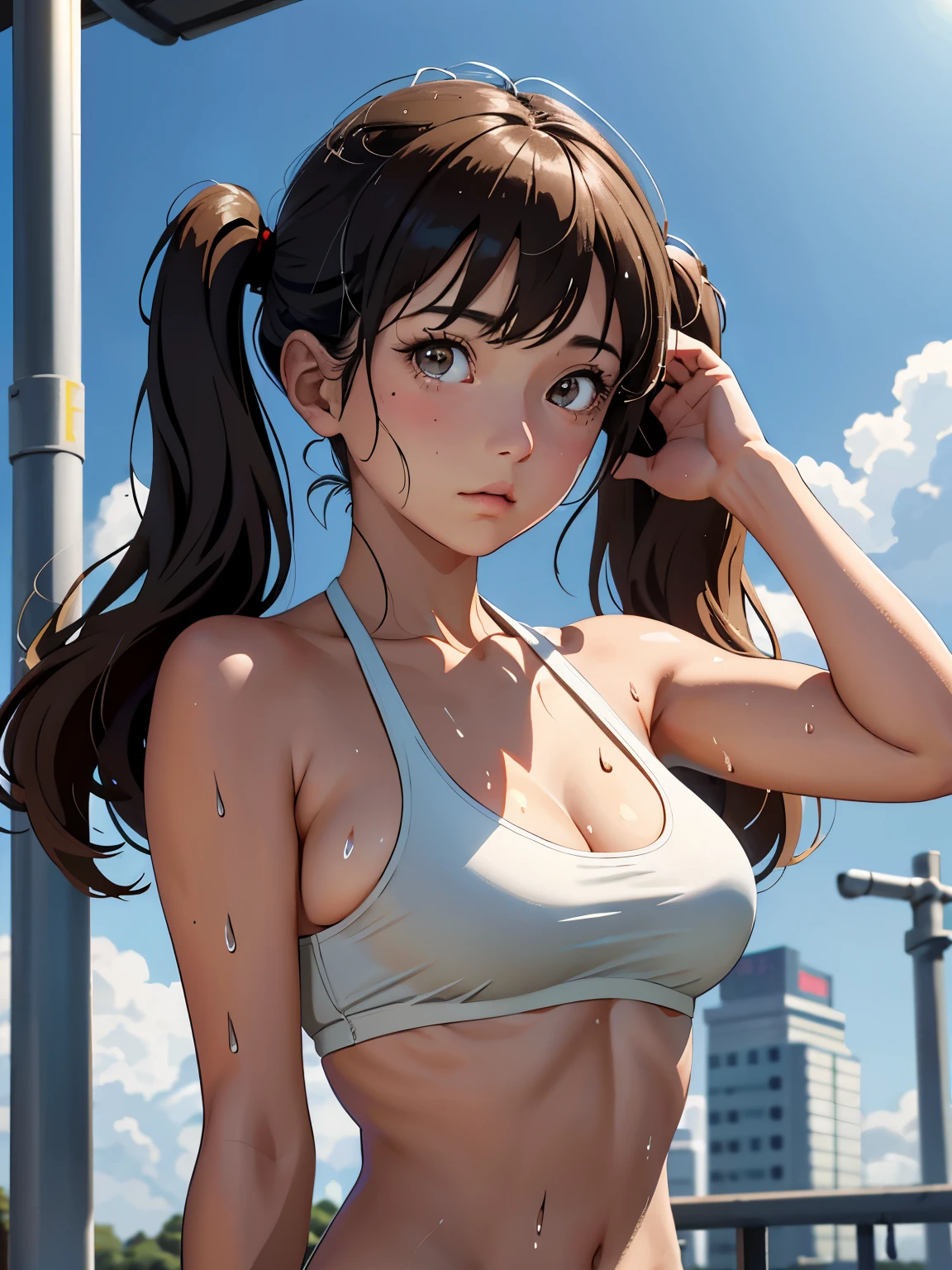 best quality, masterpiece, flat color, cel shading, solid outline, 1 girl, face and body straight at the camera, embarrassed, backlit, silhouette lighting, brown low twintails hair with bangs, wind is blowing her hair, detailed face, wet skin, she sweating a lot, ivory triangle bikini, underboob, from station platform of tokyo