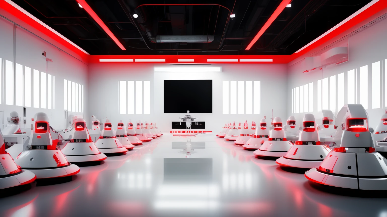 white future technology, white background, technology class, robot, a lot of people, red, 3d, magic, education