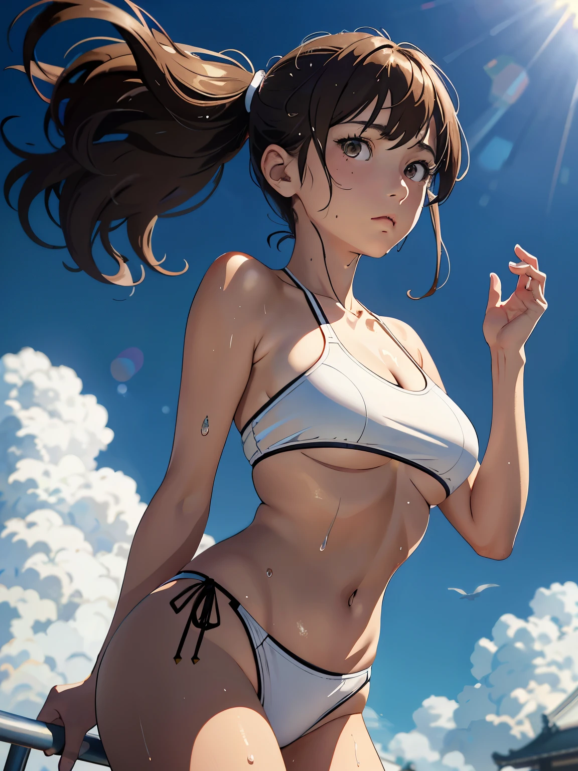 best quality, masterpiece, flat color, cel shading, solid outline, 1 girl, face and body straight at the camera, embarrassed, backlit, silhouette lighting, brown low twintails hair with bangs, wind is blowing her hair, detailed face, wet skin, she sweating a lot, ivory triangle bikini, underboob, from station platform of tokyo