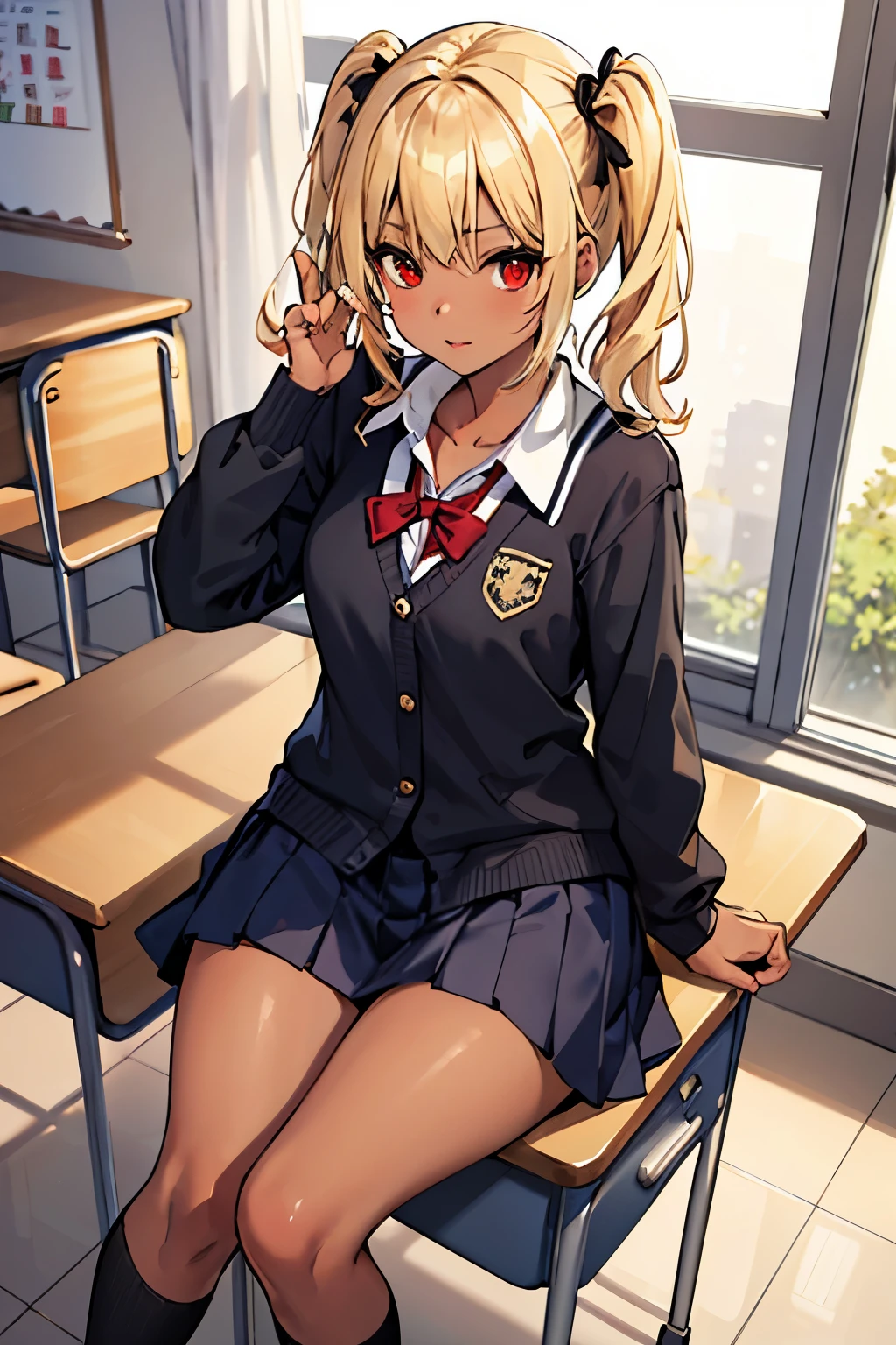 (masterpiece:1.2, highest quality), 1 female, alone, school uniform, classroom, Day, sit, blonde, twin tails, red eyes, Open collaboration bone, black skin, (open chest:1.1),