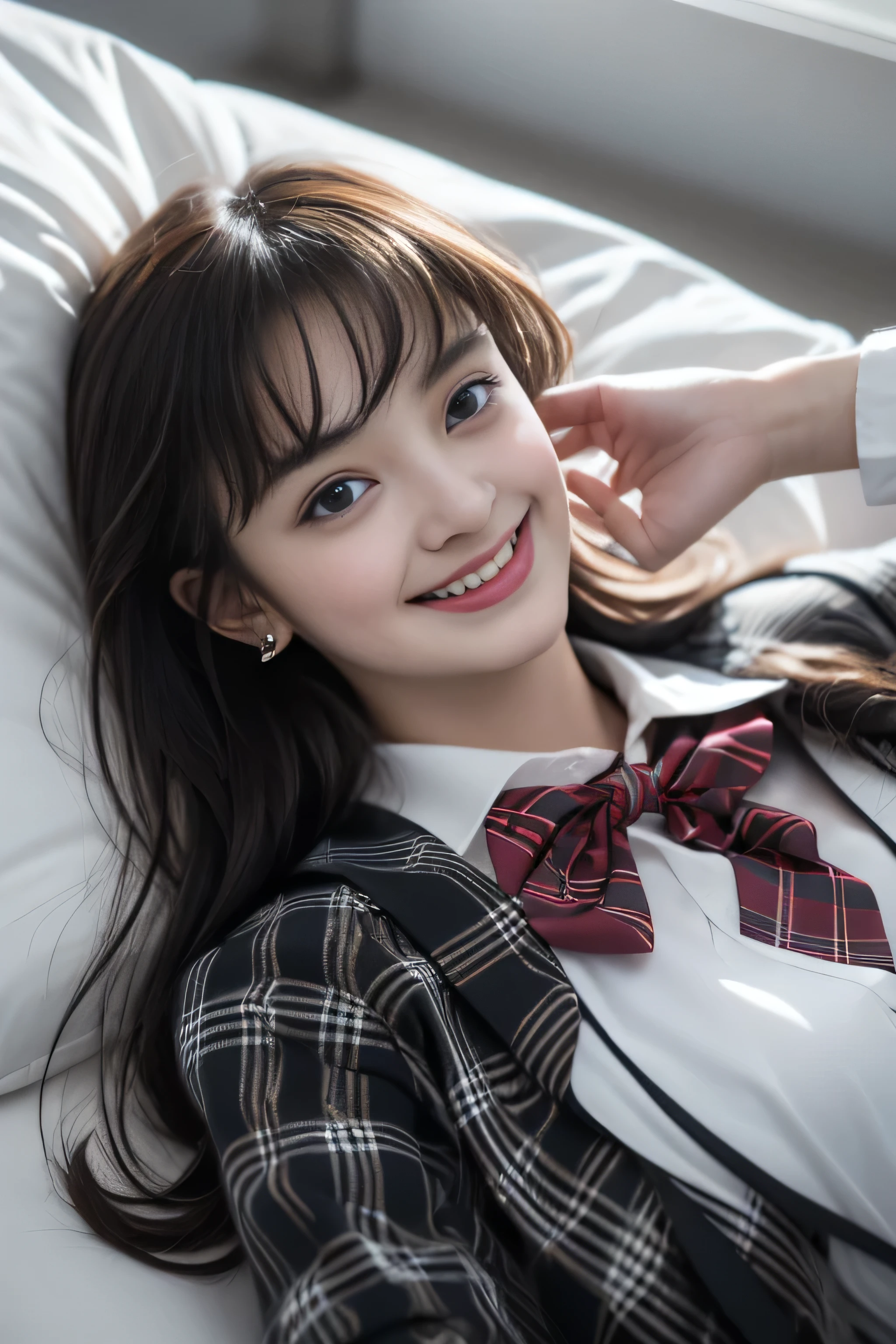 ((girl lying on the bed)),(surreal)、(enlightenment)、(High resolution)、(8k)、(非常にbe familiar with)、(Best Illustration)、(detailed and beautiful eyes)、(highest quality)、(超be familiar with)、(masterpiece)、(wall-)、(detailed face)、alone、1 girl、looking at the viewer、be familiar with、detailed face、in the dark night、deep shadow、discreet key、Pure ?????? face ace_v1、laughter、length、black shawl straight hair、46 point diagonal bangs,Female student、(white blazer chest measurement)、translucent white blouse、red bow tie、( in bright colors,plaid)、laughter,