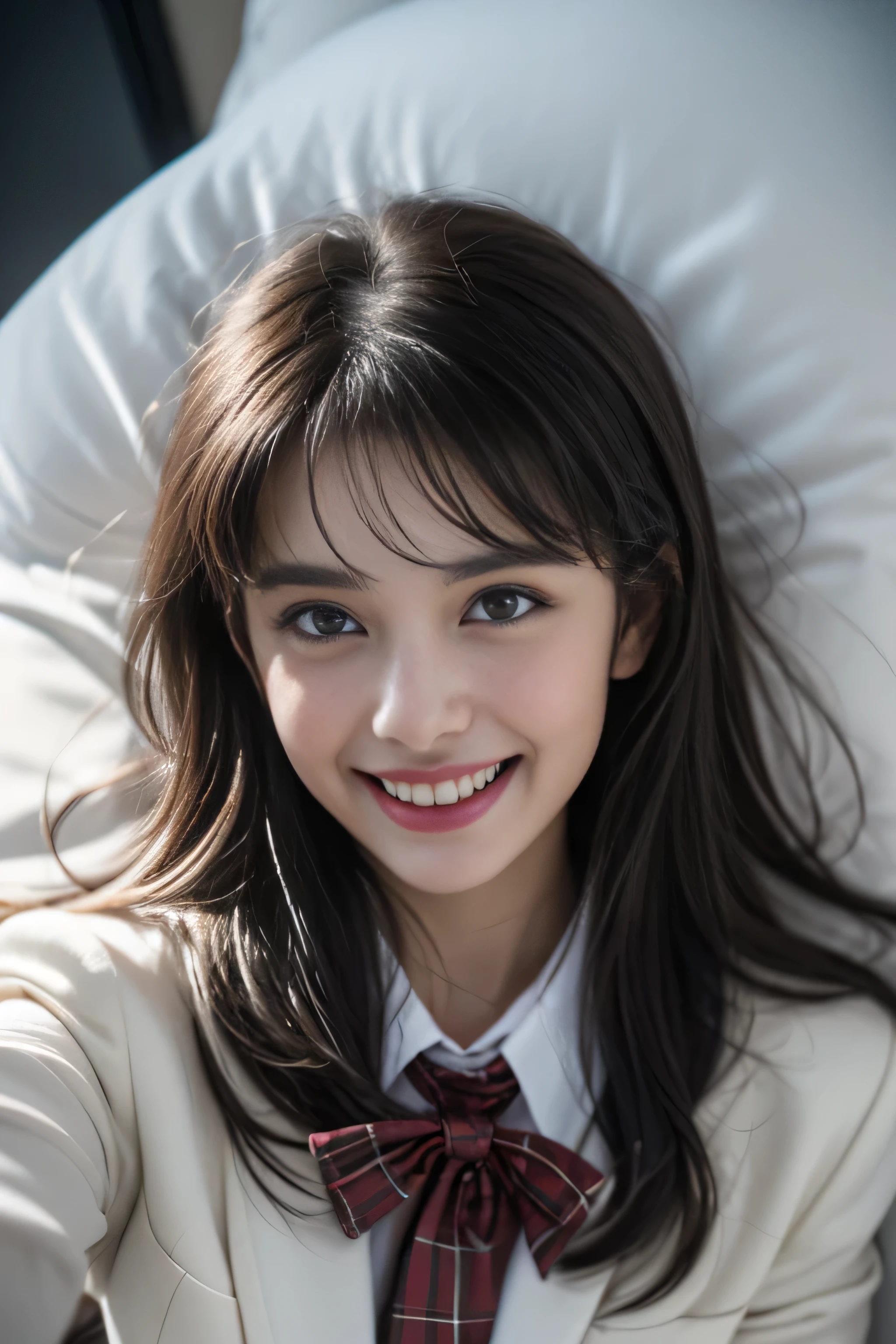 ((girl lying on the bed)),(surreal)、(enlightenment)、(High resolution)、(8k)、(非常にbe familiar with)、(Best Illustration)、(detailed and beautiful eyes)、(highest quality)、(超be familiar with)、(masterpiece)、(wall-)、(detailed face)、alone、1 girl、looking at the viewer、be familiar with、detailed face、in the dark night、deep shadow、discreet key、Pure erotic face ace_v1、laughter、length、black shawl straight hair、46 point diagonal bangs,Female student、(white blazer chest measurement)、translucent white blouse、red bow tie、( in bright colors,plaid)、laughter,