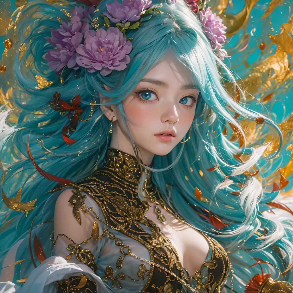 Yellow blue colors,enamel,agate,A flesh-colored world,Blood Blue Maiden 32k(masterpiece,HD,Aoyama Pond,Ultra high quality,32k)long flowing bright blue hair,blood pool,Ziddink, a color,Grumpy (After greeting), (Linen scarf), fighting stance, looking at the ground, long white hair, Floating bright blue, Fire cloud gold headdress, Chinese long-sleeved gold silk burgundy garment, (Abstract metaverse splash:1.2), White background,Peony flower vitality protector(realistically:1.4),bright purple hair,Smoke on the road,The background is very pure, high resolution, detail, RAW photos, Sharp Re, Nikon D850 film photo by Jefferies Lee 4 Kodak Portra 400 camera F1.6 guns, colorful, Ultra-realistic and vivid textures, dramatic lighting, Unreal Engine Art Station Trend, Sinest 800,一个有着long flowing bright blue hair的女孩,huge colorful bubbles