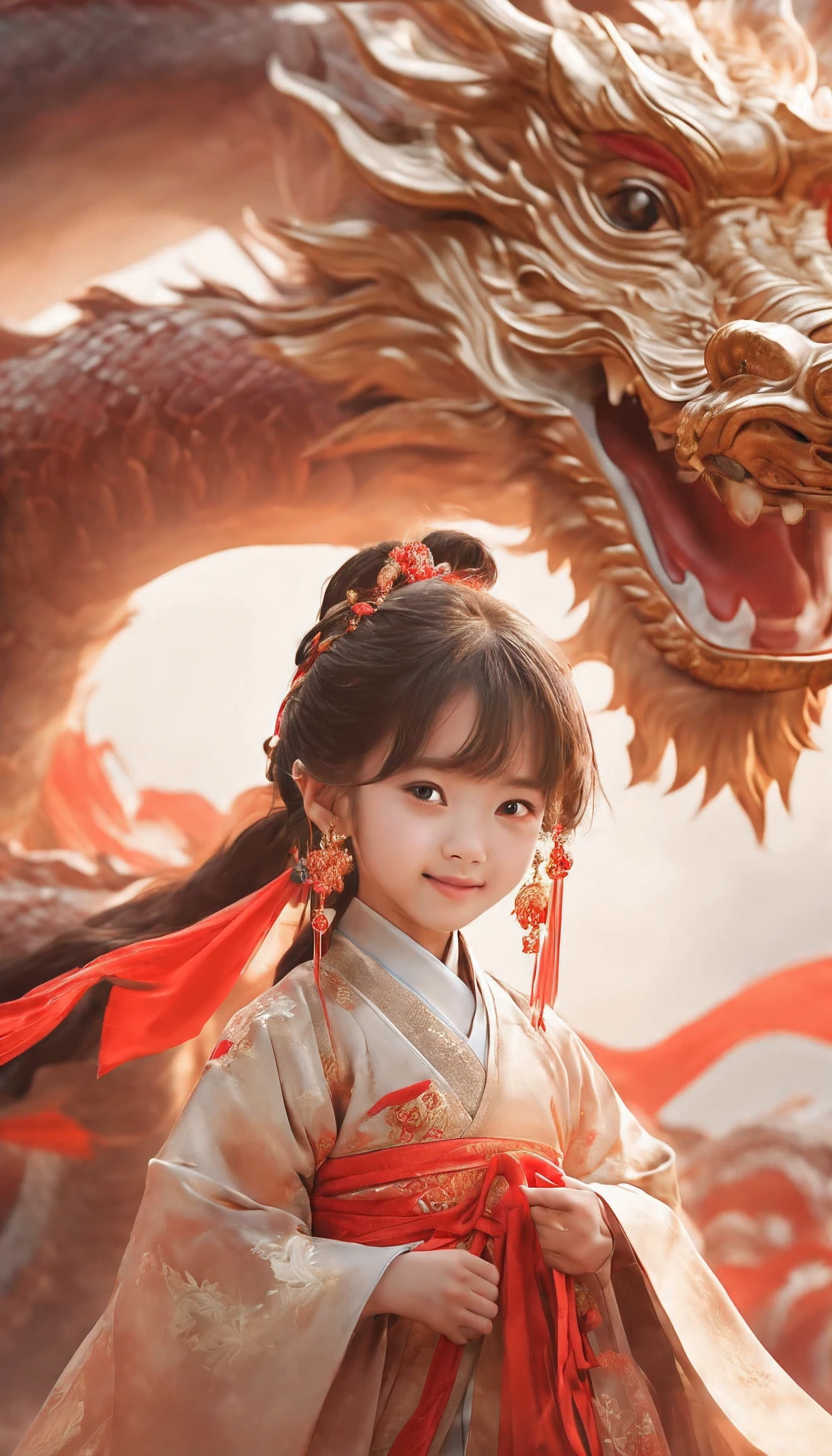 8k,Super details,masterpiece,Children Photography,high angle,whole body,Girl wearing Hanfu next to the dragon,8 year-old,Wearing earrings and delicate hairpins,Smile,Chinese culture theme style,Fluid photography,8k resolution,hazy atmosphere,exquisite clothing,Ferania p30,light gold and red --style raw --ar 9:16
