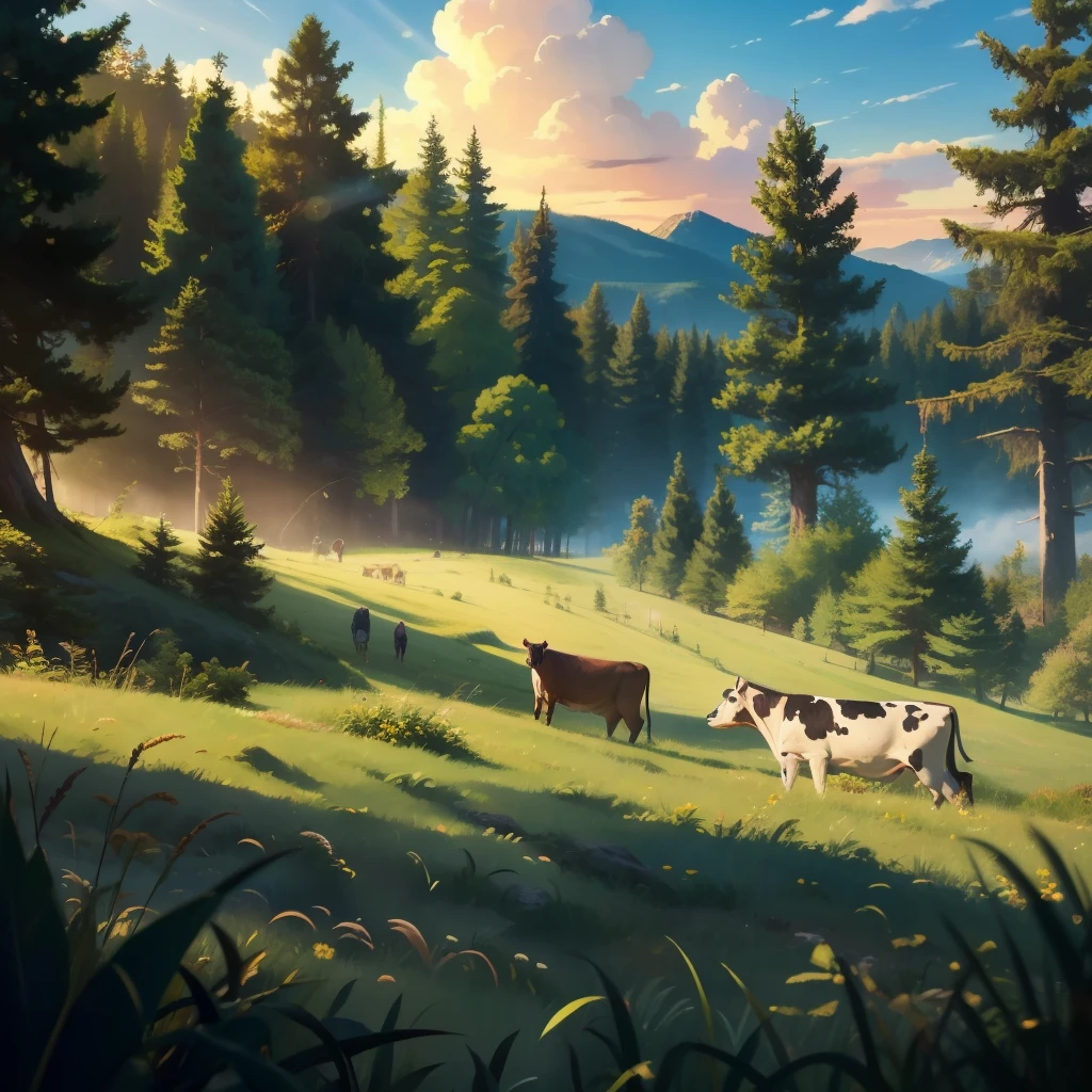 cow,
BREAK (masterpiece, best quality:1.2), outdoors, nature, forest, pines, grass, tall grass, detailed grass, plants, day, clouds,