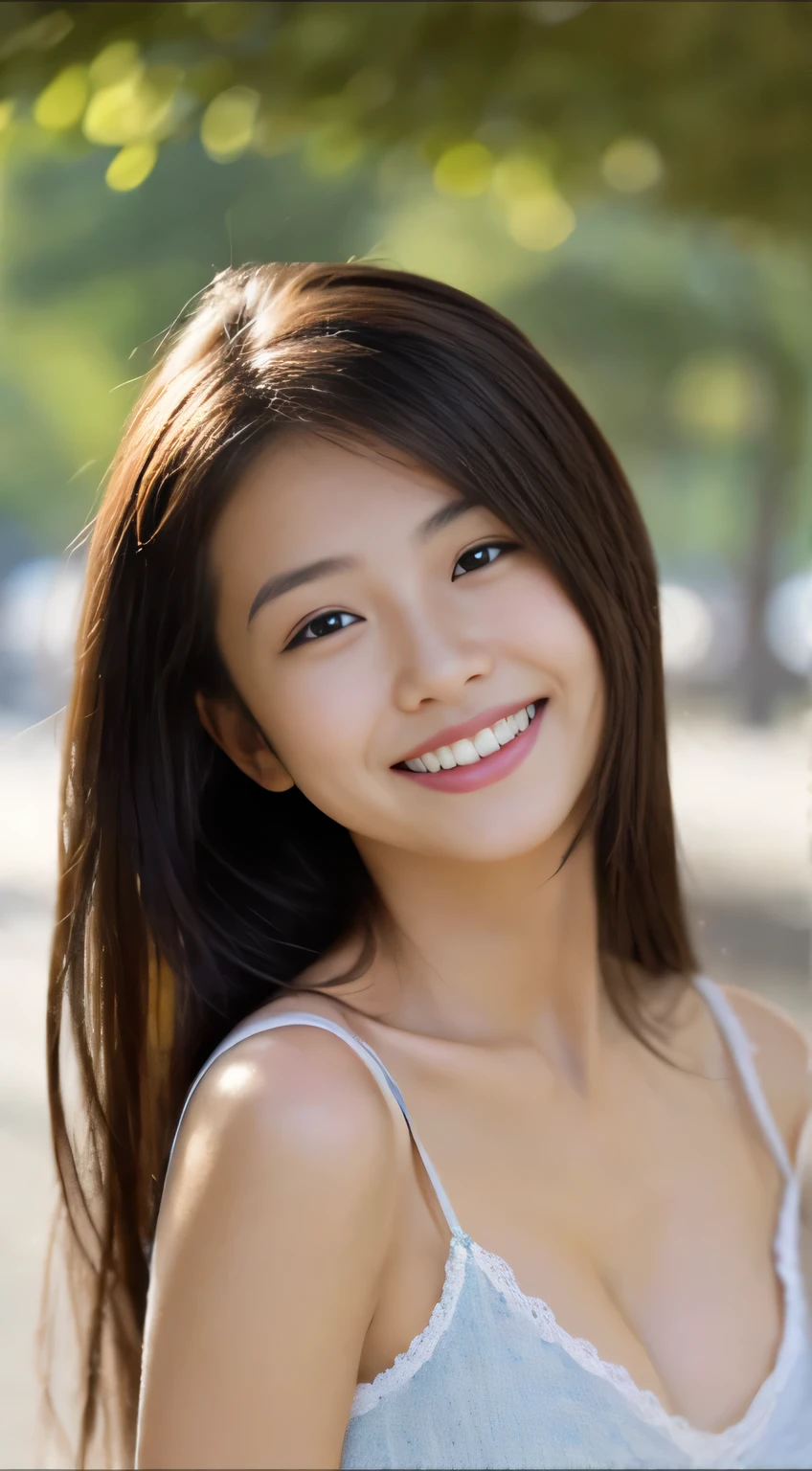 Japanese ),((beautiful girl)),cleavage,An expression that imagines something pleasant:1.2,(perfect body beauty:1.2),((perfect body)),(shy smile),beautiful teeth,