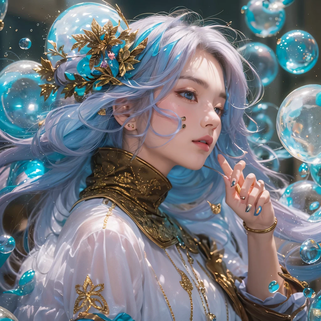 Yellow blue colors,enamel,agate,A flesh-colored world,Blood Blue Maiden 32k(masterpiece,HD,Aoyama Pond,Ultra high quality,32k)long flowing bright blue hair,blood pool,Ziddink, a color,Grumpy (After greeting), (Linen scarf), fighting stance, looking at the ground, long white hair, Floating bright blue, Fire cloud gold headdress, Chinese long-sleeved gold silk burgundy garment, (Abstract metaverse splash:1.2), White background,Peony flower vitality protector(realistically:1.4),bright purple hair,Smoke on the road,The background is very pure, high resolution, detail, RAW photos, Sharp Re, Nikon D850 film photo by Jefferies Lee 4 Kodak Portra 400 camera F1.6 guns, colorful, Ultra-realistic and vivid textures, dramatic lighting, Unreal Engine Art Station Trend, Sinest 800,一个有着long flowing bright blue hair的女孩,huge colorful bubbles