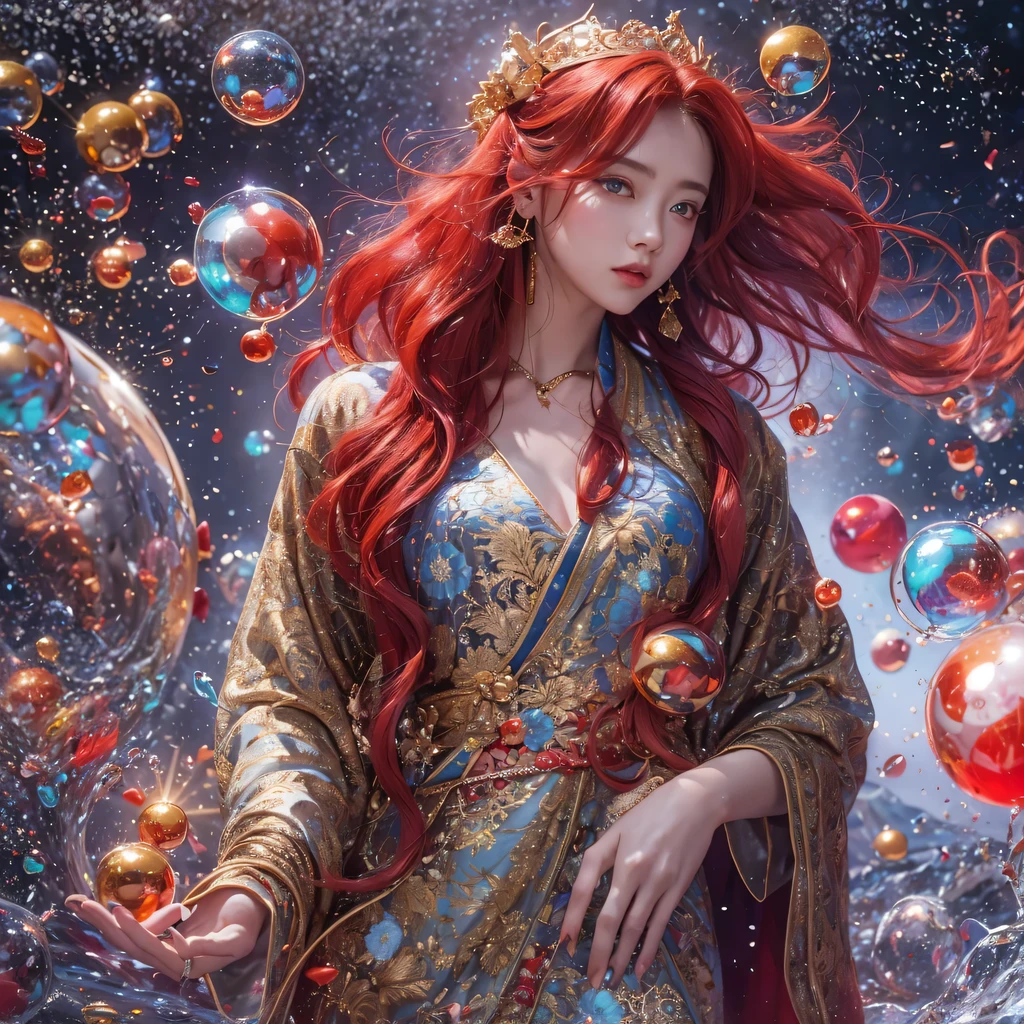 Poached egg series,red,enamel,agate,A flesh-colored world,Blood Blue Maiden 32k(masterpiece,HD,Aoyama Pond,Ultra high quality,32k)飘逸的亮red长发,blood pool,Ziddink, a color,Grumpy (After greeting), (Linen scarf), fighting stance, looking at the ground, Long red hair, Floating bright blue, Fire cloud gold headdress, 中国长袖金丝酒red服装, (Abstract metaverse splash:1.2), White background,Peony flower vitality protector(realistically:1.4),bright purple hair,Smoke on the road,The background is very pure, high resolution, detail, RAW photos, Sharp Re, Nikon D850 film photo by Jefferies Lee 4 Kodak Portra 400 camera F1.6 guns, colorful, Ultra-realistic and vivid textures, dramatic lighting, Unreal Engine Art Station Trend, Sinest 800,一个有着长长的飘逸亮red头发的女孩,huge colorful bubbles
