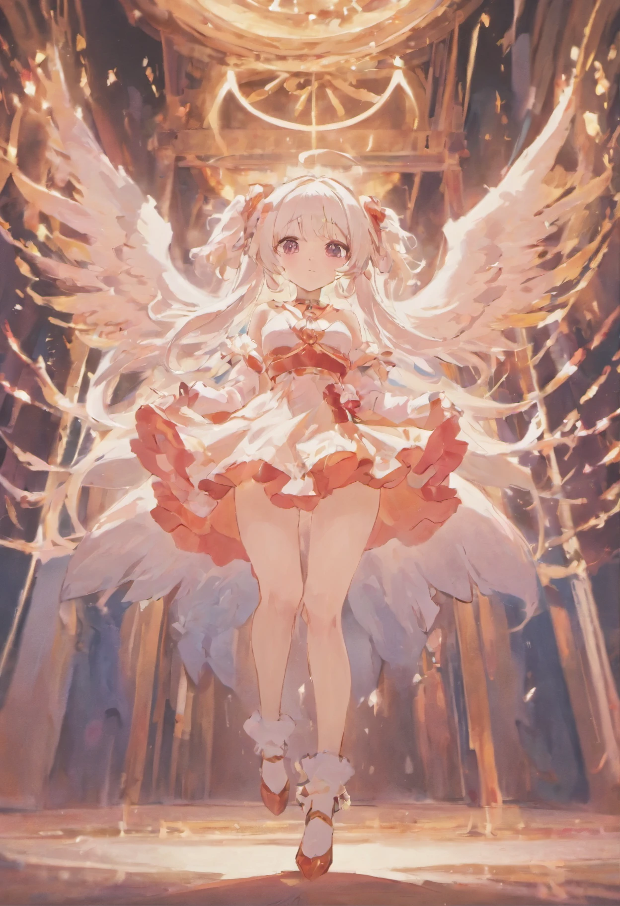 snfw,nude,spread leg, spread perfect pussy, A cute anime girl with delicate features、She is a young girl with pure white eyes and white horns, long white hair and wearing a ta dress.