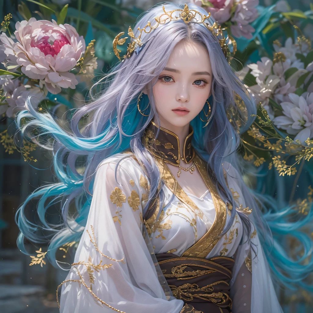 Yellow blue colors，enamel，agate，A flesh-colored world，Blood Blue Maiden 32k（masterpiece，HD，Aoyama Pond，Ultra high quality，32k）long flowing bright blue hair，blood pool，Ziddink， a color，Grumpy （After greeting）， （Linen scarf）， fighting stance， looking at the ground， long white hair， Floating bright blue， Fire cloud gold headdress， Chinese long-sleeved gold silk burgundy garment， （Abstract metaverse splash：1.2）， White background，Peony flower vitality protector（realistically：1.4），bright purple hair，Smoke on the road，The background is very pure， high resolution， detail， RAW photos， Sharp Re， Nikon D850 film photo by Jefferies Lee 4 Kodak Portra 400 camera F1.6 guns, colorful, Ultra-realistic and vivid textures, dramatic lighting, Unreal Engine Art Station Trend, Sinest 800，一个有着long flowing bright blue hair的女孩，huge colorful bubbles