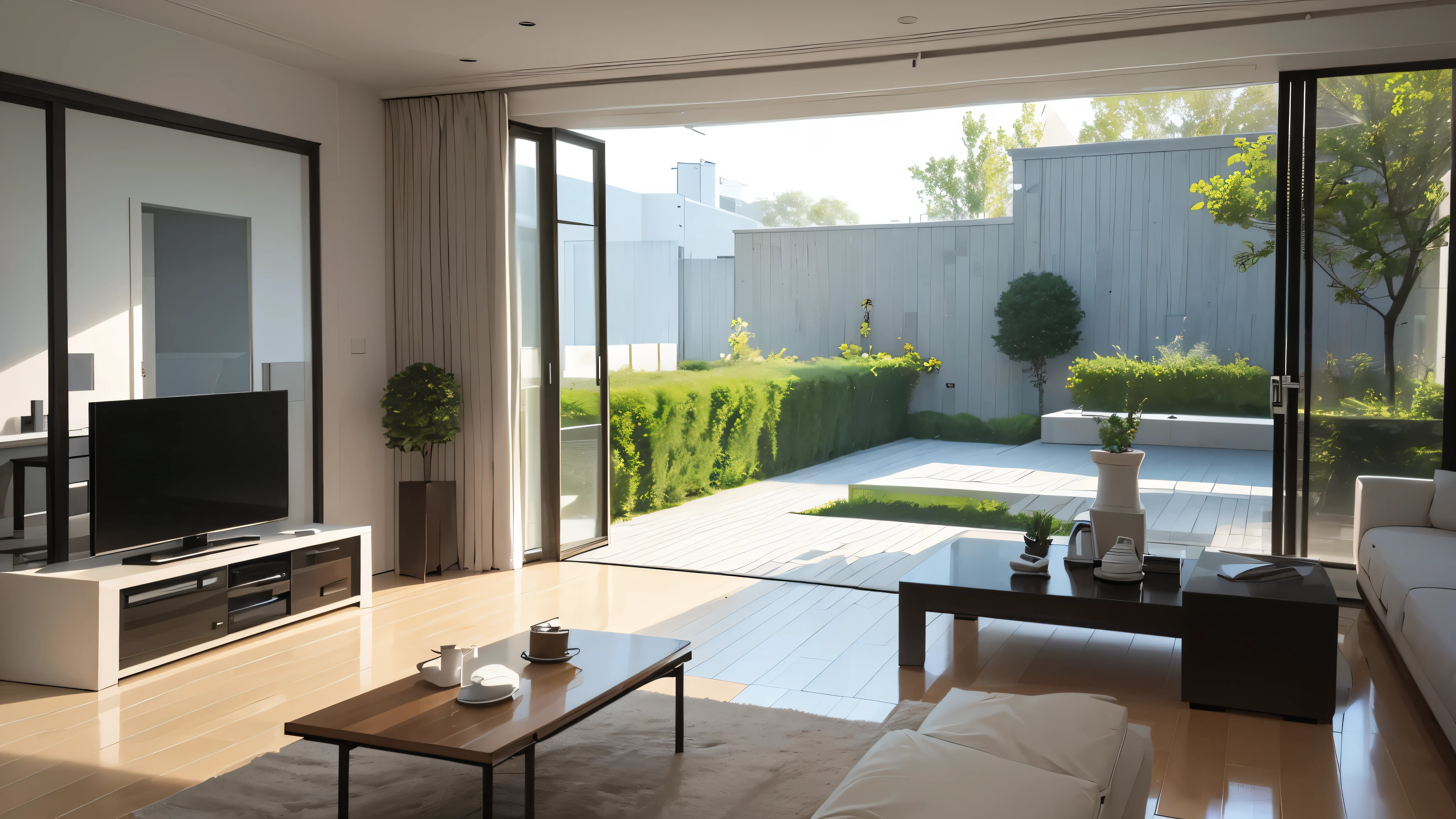 you are a famous interior designer、I was asked to create a 3D image of a large modern room.。. Create a harmonious environment with modern and minimalist furniture. Including garden interior.