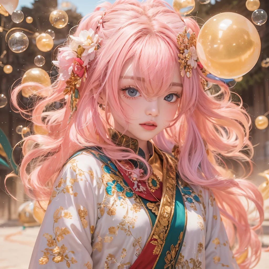 Peach Velvet Series，Peach-colored flull颜色，enamel，agate，A flesh-colored world，Blood Blue Maiden 32k（masterpiece，HD，Aoyama Pond，Ultra high quality，32k）Bright pink long flowing hair，blood pool，Ziddink， a color，Grumpy （After greeting）， （Linen scarf）， fighting stance， looking at the ground， light pink long hair， Floating bright blue， Fire cloud gold headdress， Chinese long-sleeved gold silk burgundy garment， （Abstract metaverse splash：1.2）， White background，Peony flower vitality protector（realistically：1.4），Peach-colored flull，Smoke on the road，The background is very pure， high resolution， detail， RAW photos， Sharp Re， Nikon D850 film photo by Jefferies Lee 4 Kodak Portra 400 camera F1.6 guns, colorful, Ultra-realistic and vivid textures, dramatic lighting, Unreal Engine Art Station Trend, Sinest 800，Long flowing girl peach hair，Huge colorful bubbles light pink