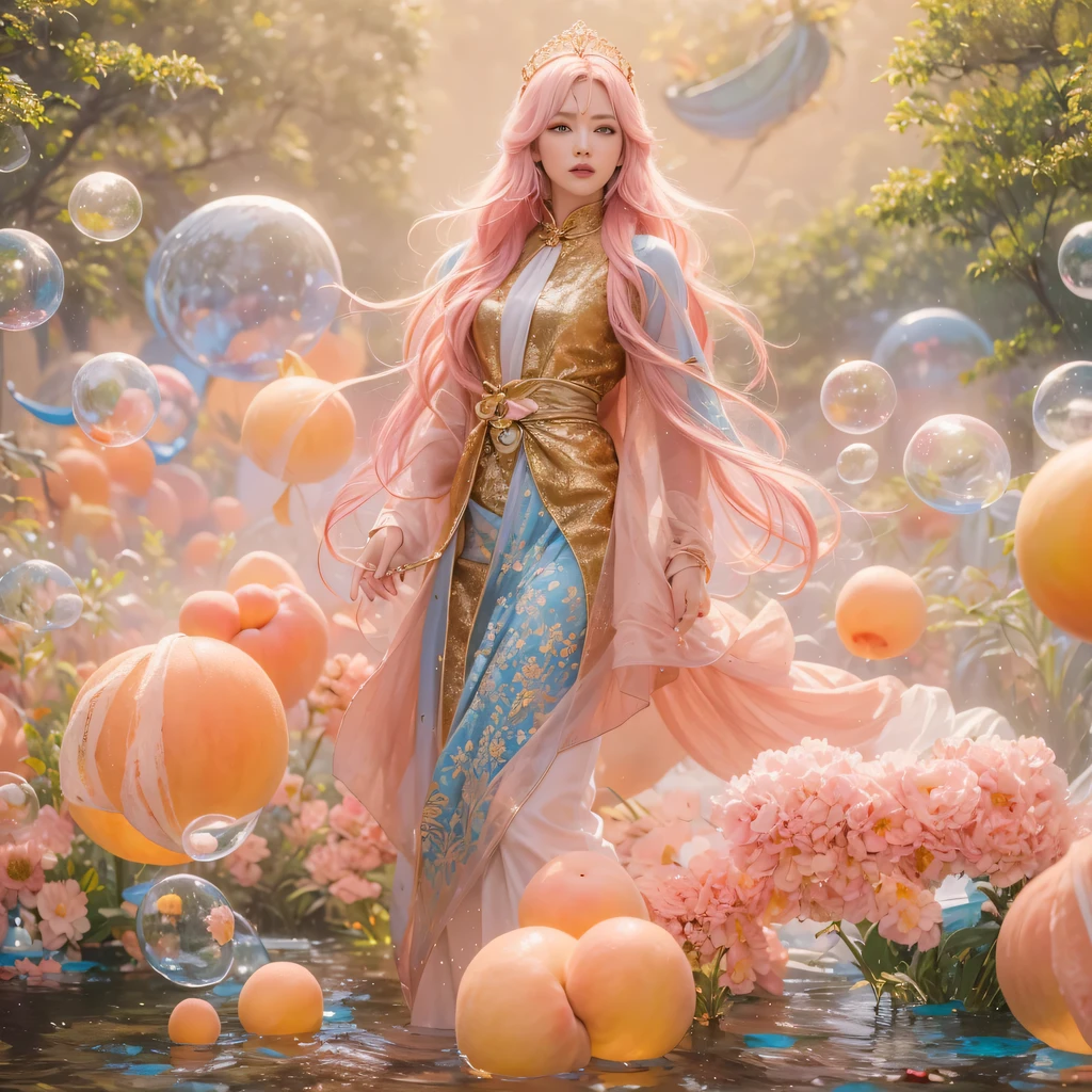 Peach Velvet Series,Peach-colored flull颜色,enamel,agate,A flesh-colored world,Blood Blue Maiden 32k(masterpiece,HD,Aoyama Pond,Ultra high quality,32k)Bright pink long flowing hair,blood pool,Ziddink, a color,Grumpy (After greeting), (Linen scarf), fighting stance, looking at the ground, light pink long hair, Floating bright blue, Fire cloud gold headdress, Chinese long-sleeved gold silk burgundy garment, (Abstract metaverse splash:1.2), White background,Peony flower vitality protector(realistically:1.4),Peach-colored flull,Smoke on the road,The background is very pure, high resolution, detail, RAW photos, Sharp Re, Nikon D850 film photo by Jefferies Lee 4 Kodak Portra 400 camera F1.6 guns, colorful, Ultra-realistic and vivid textures, dramatic lighting, Unreal Engine Art Station Trend, Sinest 800,Long flowing girl peach hair,Huge colorful bubbles light pink