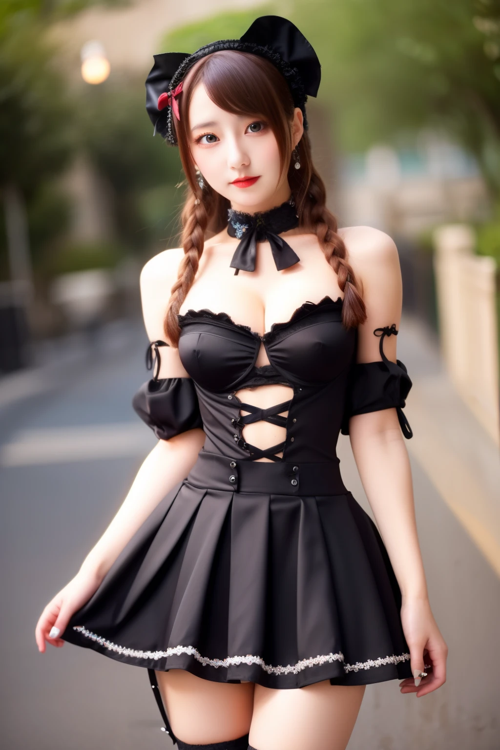 A woman wearing Gothic Lolita clothes, cute, sexy, voluptuous, thighs, flashy flared skirt,