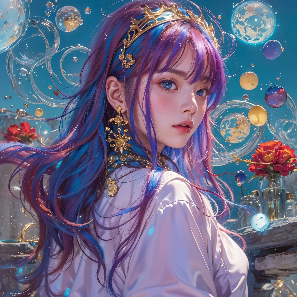 Yellow blue colors，enamel，agate，A flesh-colored world，Blood Blue Maiden 32k（masterpiece，HD，Aoyama Pond，Ultra high quality，32k）long flowing bright blue hair，blood pool，Ziddink， a color，Grumpy （After greeting）， （Linen scarf）， fighting stance， looking at the ground， long white hair， Floating bright blue， Fire cloud gold headdress， Chinese long-sleeved gold silk burgundy garment， （Abstract metaverse splash：1.2）， White background，Peony flower vitality protector（realistically：1.4），bright purple hair，Smoke on the road，The background is very pure， high resolution， detail， RAW photos， Sharp Re， Nikon D850 film photo by Jefferies Lee 4 Kodak Portra 400 camera F1.6 guns, colorful, Ultra-realistic and vivid textures, dramatic lighting, Unreal Engine Art Station Trend, Sinest 800，一个有着long flowing bright blue hair的女孩，huge colorful bubbles