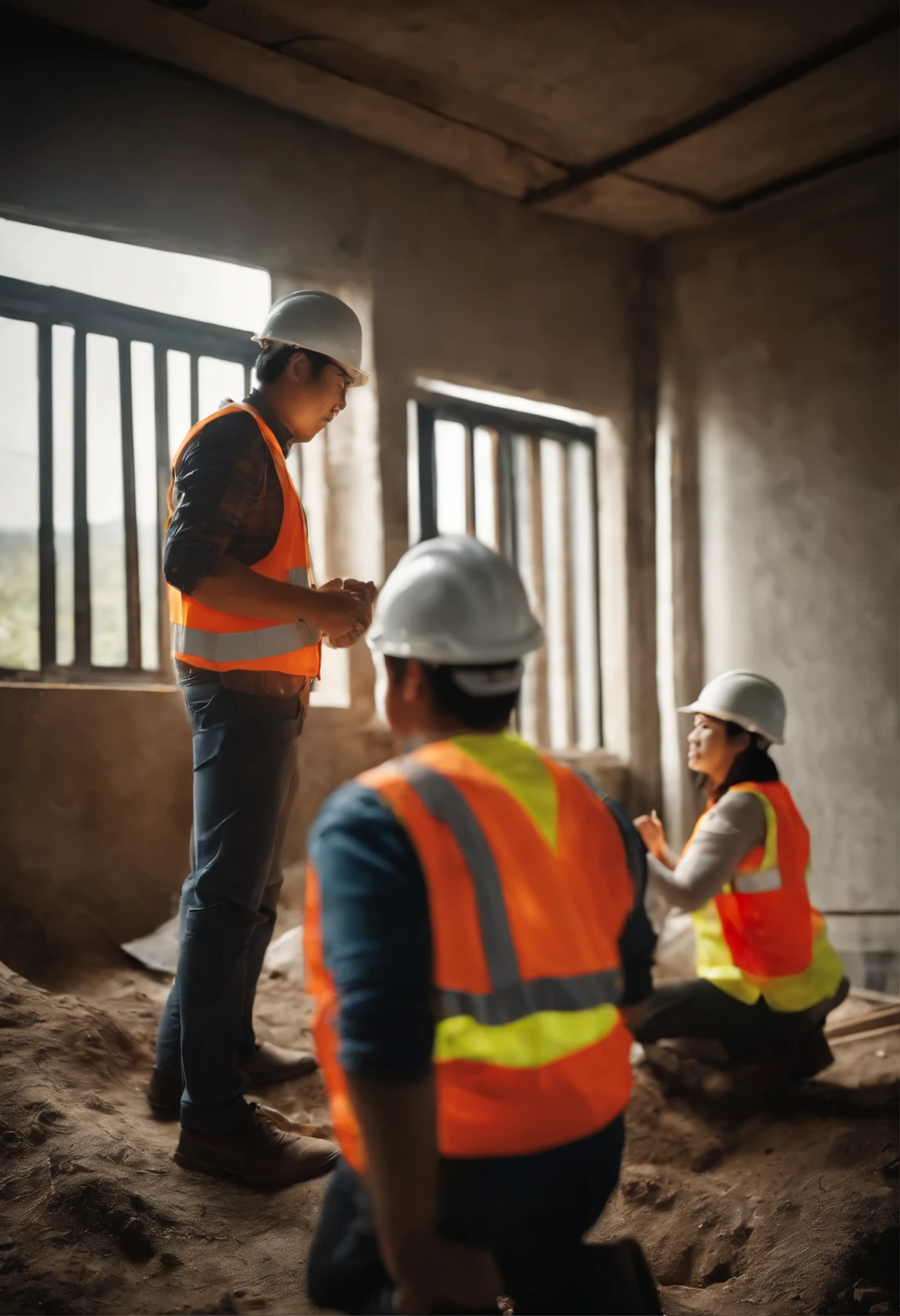 Three Koreans meeting about civil engineering work at an apartment basement construction site, movie film, realistic, high quality, hard hat, smock, safety vest, Light coming through a small window, Advertising image, advertising poster, 