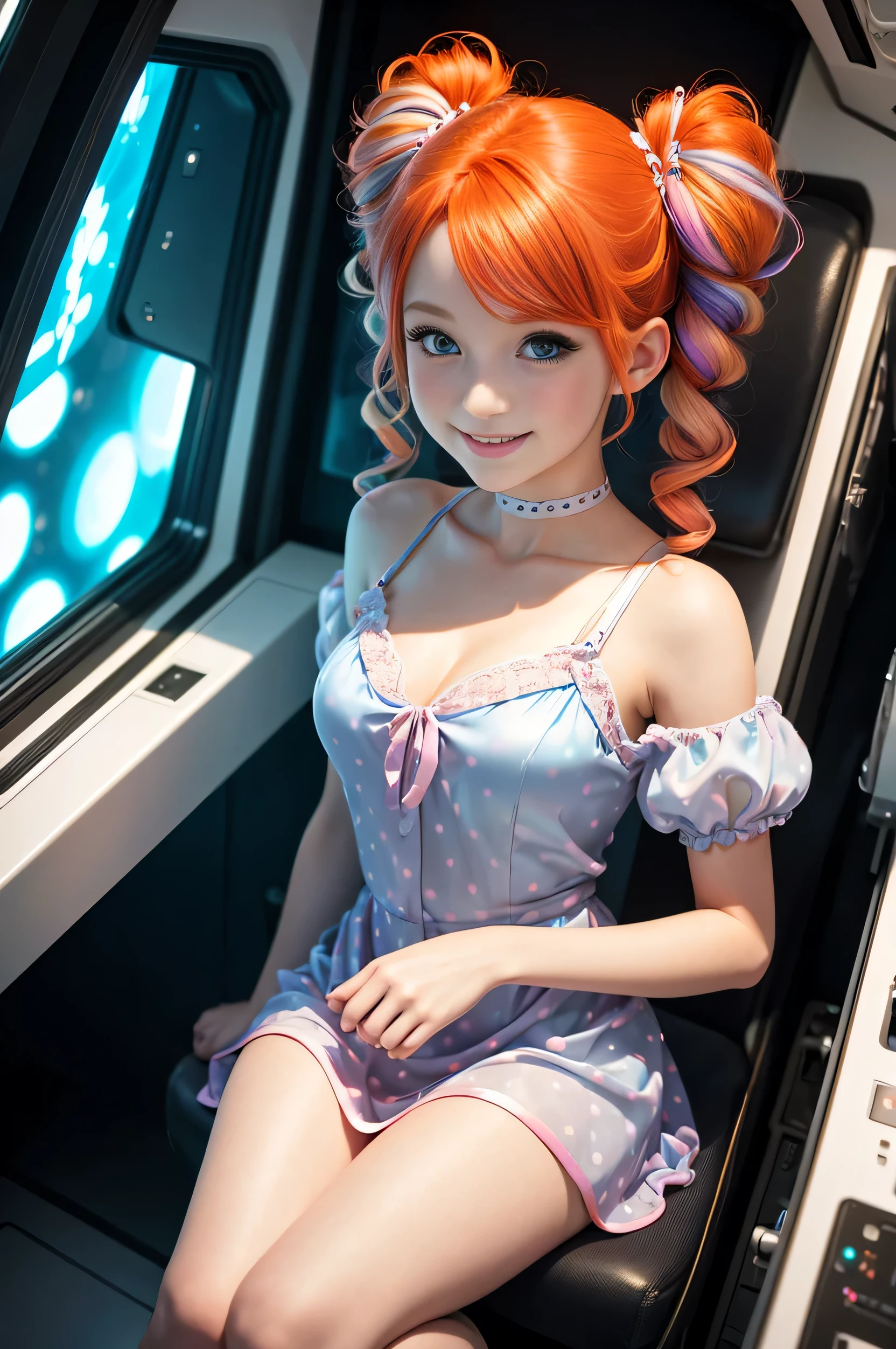 (overhead view) Cute redhead with rainbow colored hair tips, ribbons in her hair, 18-year-old woman, happy, smiling, in twin tails, perfect eyes, clear sparkling blue eyes, pale skin, silky smooth white skin, alabaster skin, flying a fancy metal luxurious space ship, futuristic cockpit, she's a pilot, outer space seen in windows, dark warm lighting, wearing a futuristic (chemise) party dress, low cut top, pleated (chemise) mini dress (pastel rainbow colors, and polka dots), puffy sleeves, silk, pantyhose.
