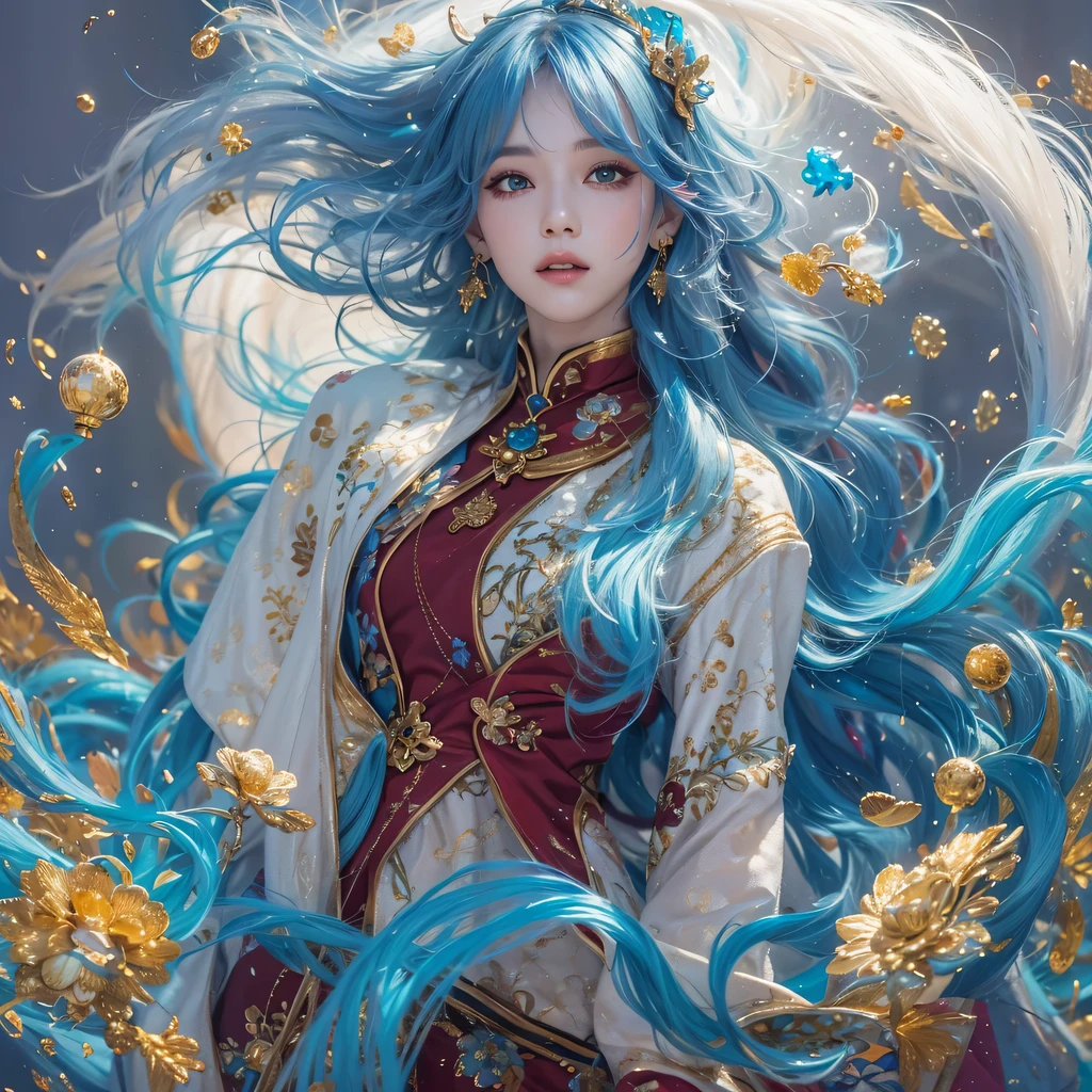 Yellow blue colors,enamel,agate,A flesh-colored world,Blood Blue Maiden 32k(masterpiece,HD,Aoyama Pond,Ultra high quality,32k)long flowing bright blue hair,blood pool,Ziddink, a color,Grumpy (After greeting), (Linen scarf), fighting stance, looking at the ground, long white hair, Floating bright blue, Fire cloud gold headdress, Chinese long-sleeved gold silk burgundy garment, (Abstract metaverse splash:1.2), White background,Peony flower vitality protector(realistically:1.4),bright purple hair,Smoke on the road,The background is very pure, high resolution, detail, RAW photos, Sharp Re, Nikon D850 film photo by Jefferies Lee 4 Kodak Portra 400 camera F1.6 guns, colorful, Ultra-realistic and vivid textures, dramatic lighting, Unreal Engine Art Station Trend, Sinest 800,一个有着long flowing bright blue hair的女孩,huge colorful bubbles