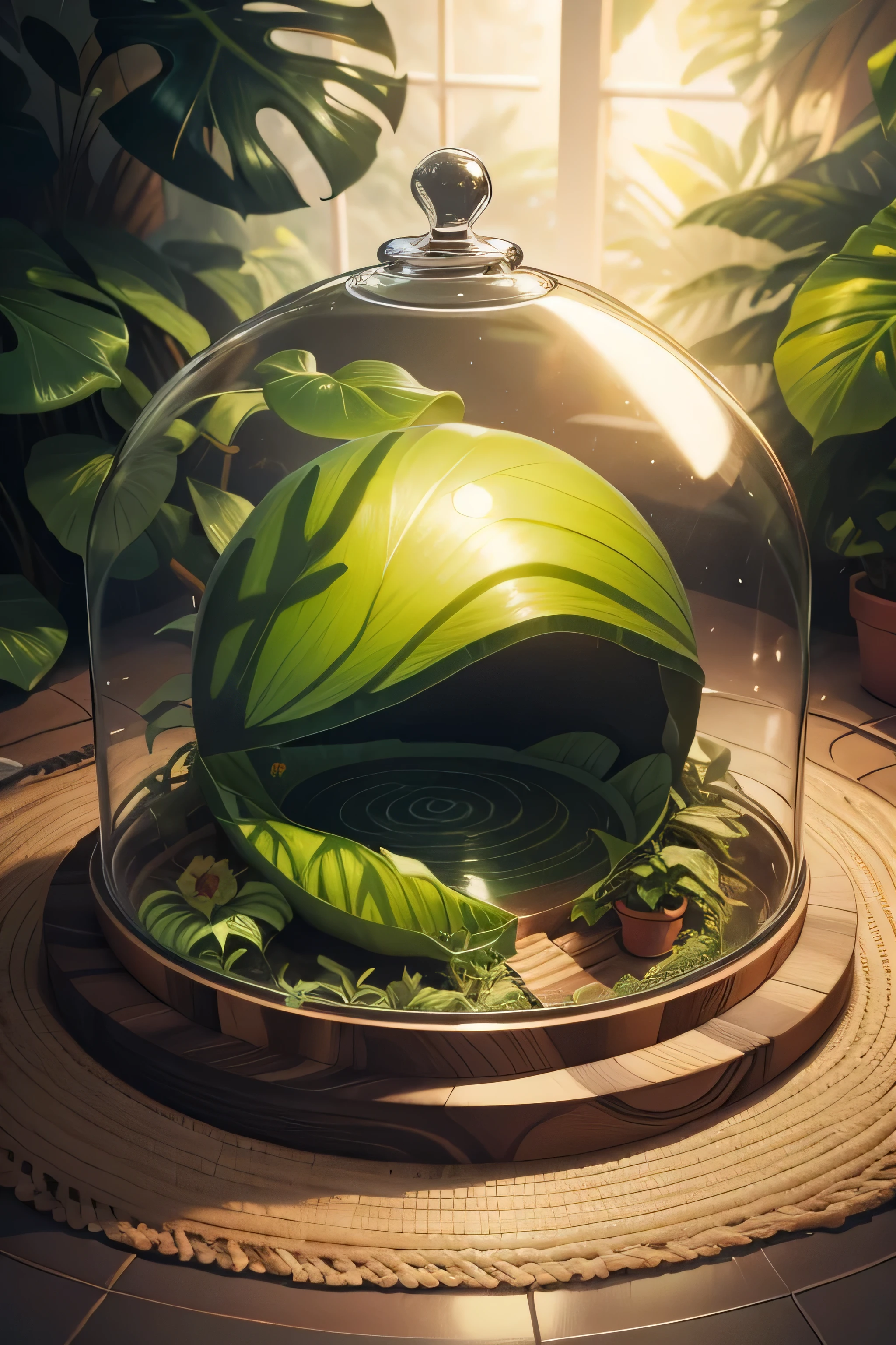 A glass cover，Inside the glass cover there are tropical plants and a house，Vines wrapped around the glass cover，best qualityer