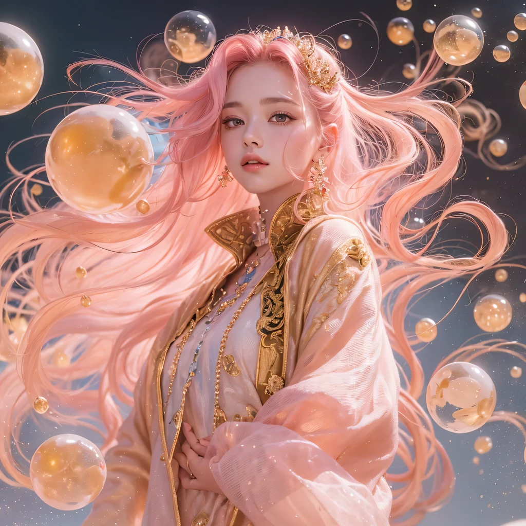 Peach Velvet Series,Peach-colored flull颜色,enamel,agate,A flesh-colored world,Blood Blue Maiden 32k(masterpiece,HD,Aoyama Pond,Ultra high quality,32k)Bright pink long flowing hair,blood pool,Ziddink, a color,Grumpy (After greeting), (Linen scarf), fighting stance, looking at the ground, light pink long hair, Floating bright blue, Fire cloud gold headdress, Chinese long-sleeved gold silk burgundy garment, (Abstract metaverse splash:1.2), White background,Peony flower vitality protector(realistically:1.4),Peach-colored flull,Smoke on the road,The background is very pure, high resolution, detail, RAW photos, Sharp Re, Nikon D850 film photo by Jefferies Lee 4 Kodak Portra 400 camera F1.6 guns, colorful, Ultra-realistic and vivid textures, dramatic lighting, Unreal Engine Art Station Trend, Sinest 800,Long flowing girl peach hair,Huge colorful bubbles light pink