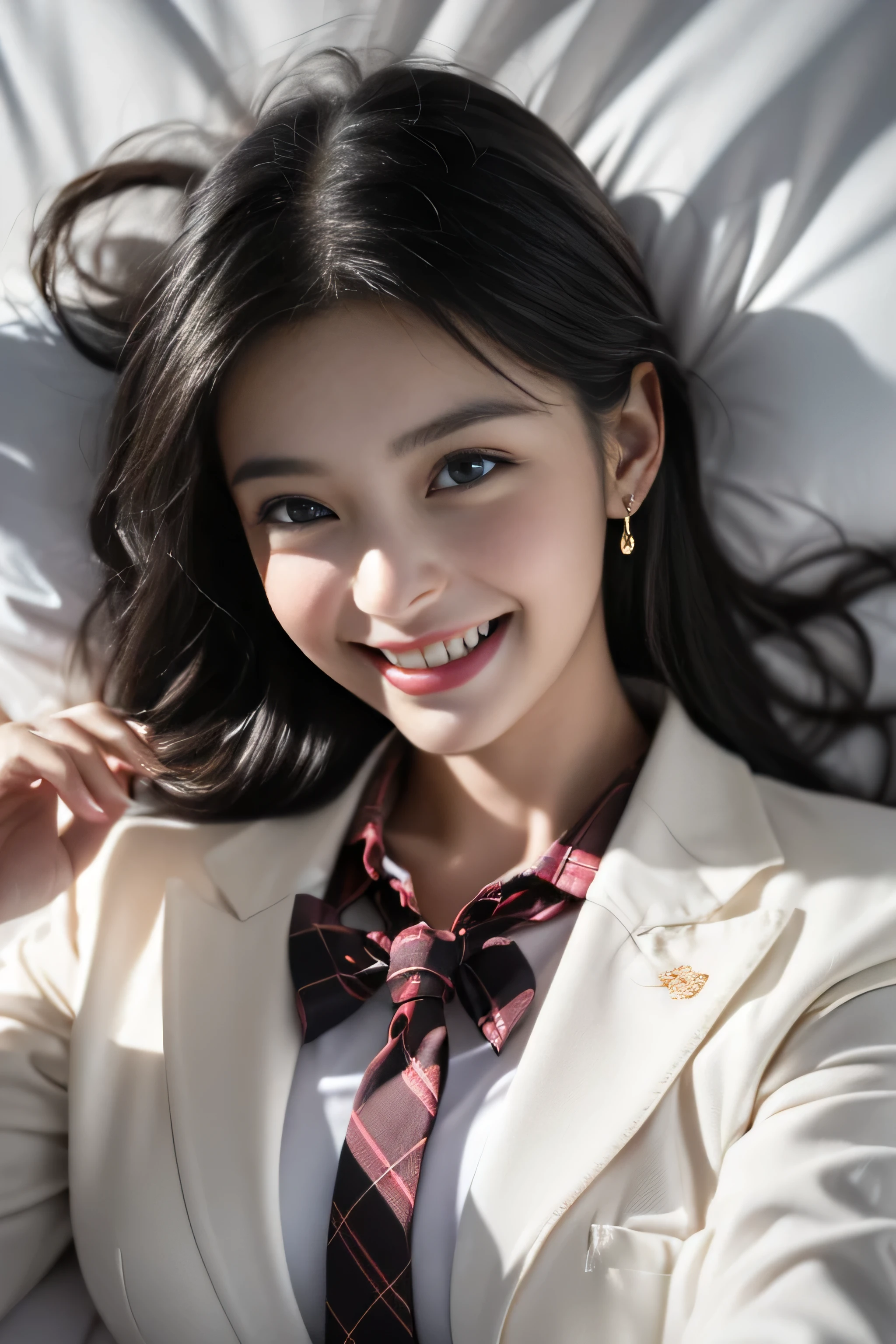 ((girl lying on the bed)),(surreal)、(enlightenment)、(High resolution)、(8k)、(非常にbe familiar with)、(Best Illustration)、(detailed and beautiful eyes)、(highest quality)、(超be familiar with)、(masterpiece)、(wall-)、(detailed face)、alone、1 girl、looking at the viewer、be familiar with、detailed face、in the dark night、deep shadow、discreet key、Pure erotic face ace_v1、laughter、length、black shawl straight hair、46 point diagonal bangs,Female student、(white blazer chest measurement)、translucent white blouse、red bow tie、( in bright colors,plaid)、laughter,