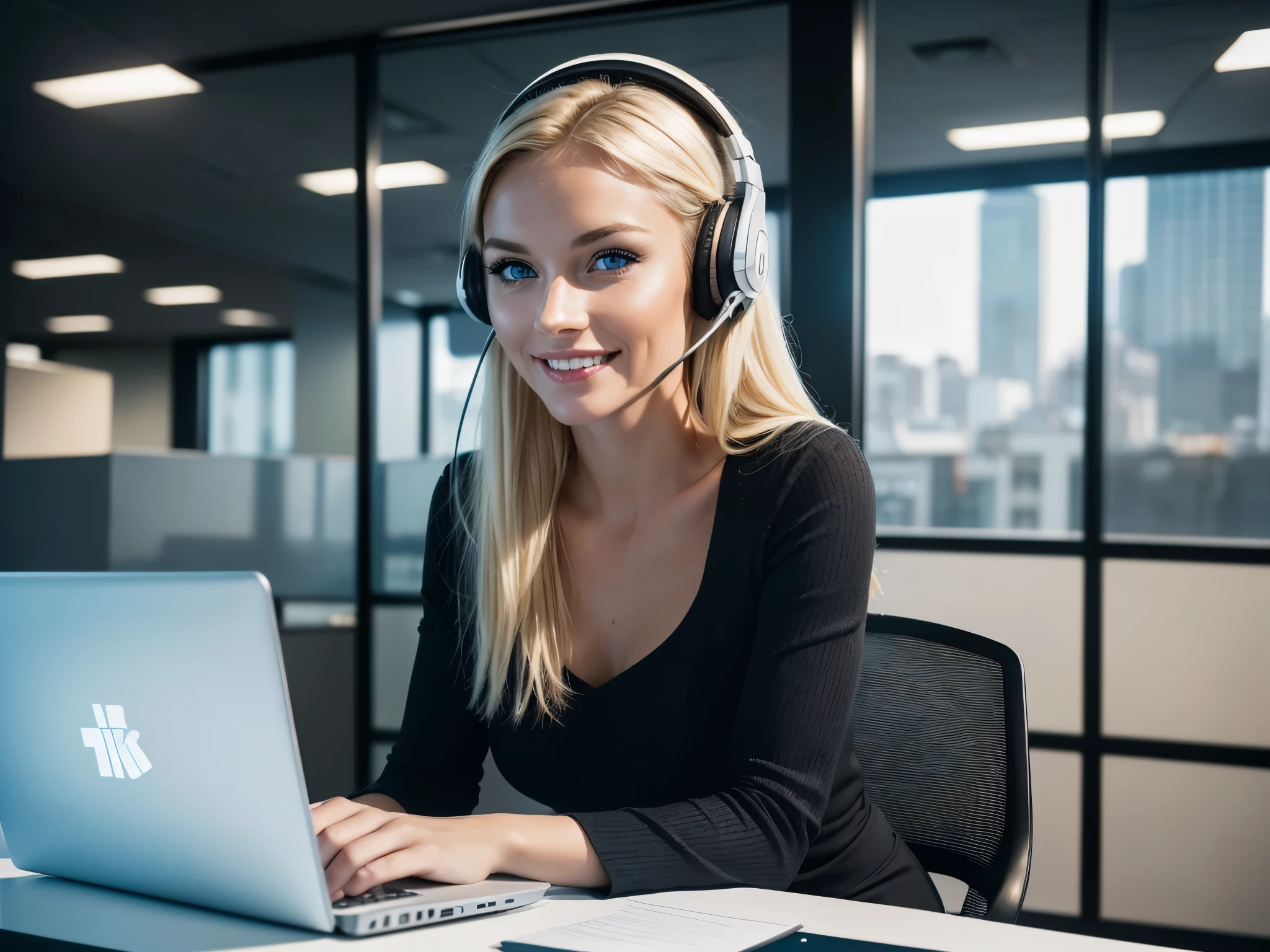 ((top quality,8K,32K,),Black and white image,1 beautiful elegant woman, sitting in front of a laptop,with headset,microphone, blonde, Blue eyes,Business style, you&#39;ll see us,smile happily,Talk to me,in the call center, Modern office, Office equipment, age about 30 years