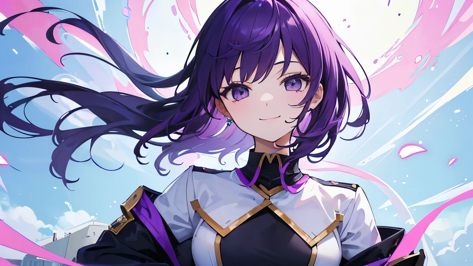 (T Masterpiece，4k wallpaper，best quality))、((girl１people))、(solo)、Shining and vivid，(purple hair)、(shortcut:1.3)、smile、SF,uniform,future