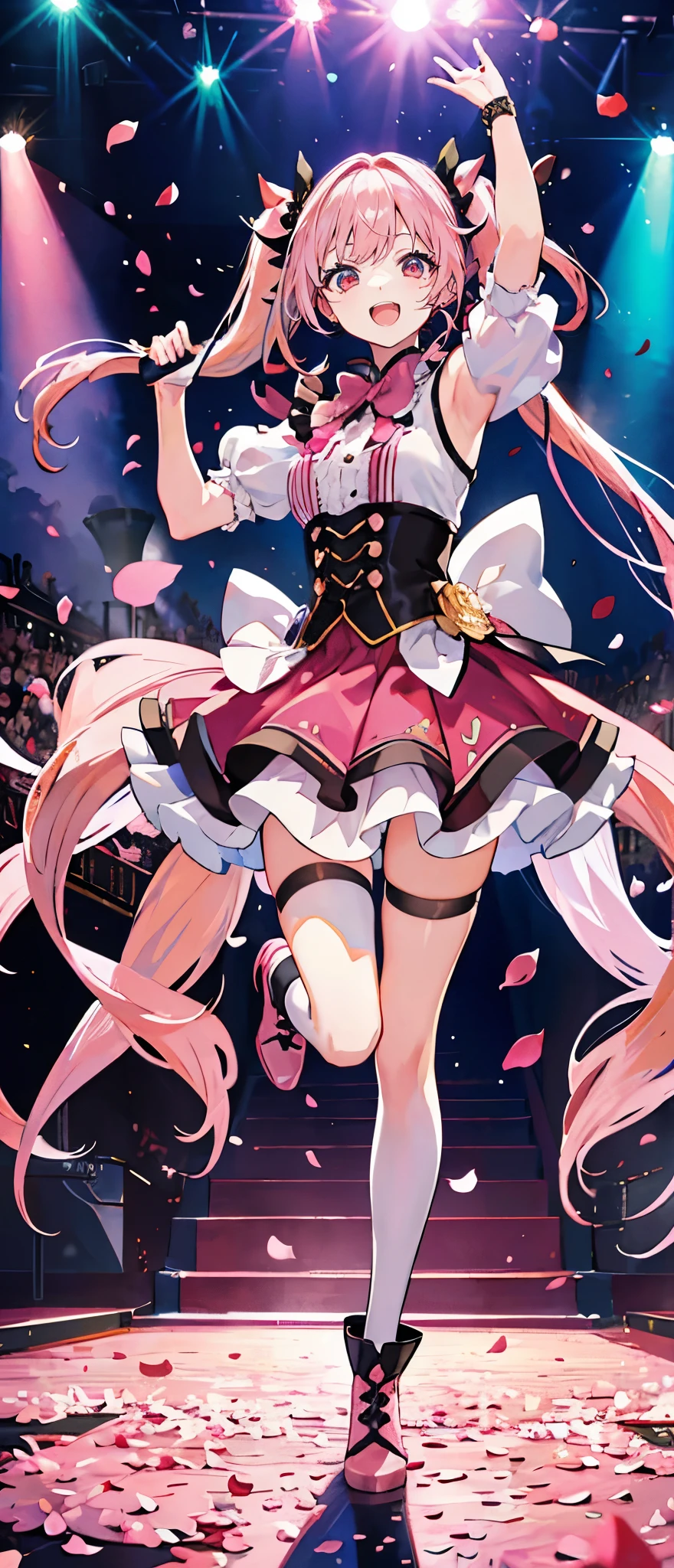 (muste piece), (best quality), very detailed, ((1 girl)), solo full body shot，Viewer&#39;s perspective，dynamic，jump，(smile)，wink，perfect face, beautiful face, very detailedな顔，((Pink hair long twin tails_red eyes:1.3))，Gorgeous idol costumes，ruffle skirt，solo idol，ribbon hair ornament，ribbon boots，knee high socks，concert dome，live，have a microphone，singing，smiling with mouth wide open，Laser Light，Spotlight，Lots of confetti、A large amount of petals dance