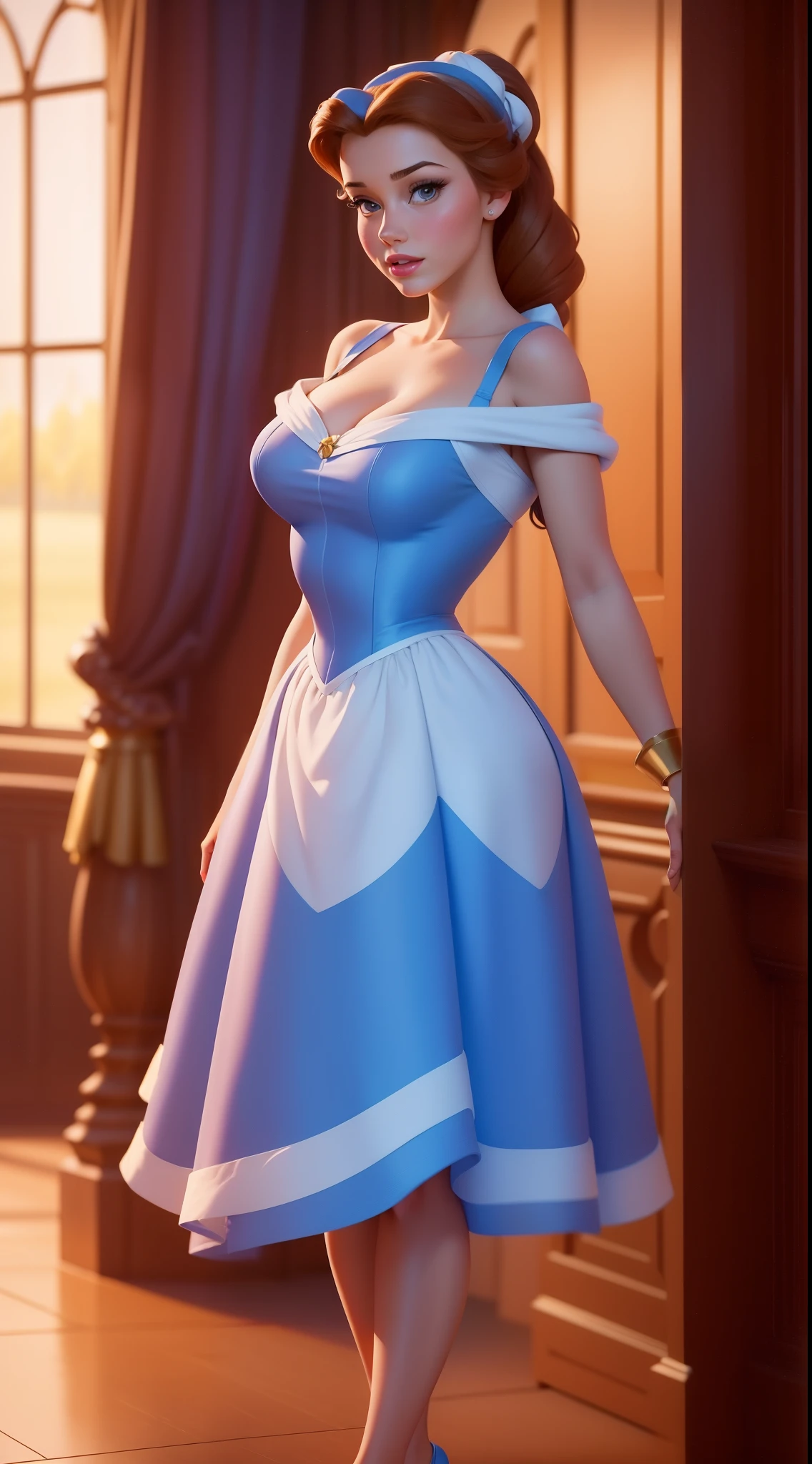 ((1 girl)), Masterpiece, (high quality, best render), (beautiful girl, belle), (bomb, pin-up style), hot, floss, perfect body, 4k hd, disney princess, beautiful female princess, anime princess, hd artwork, official art, disney cartoon, beautiful princess, long thin legs, large breasts, sexy pose, beautiful princess, a cartoon of a woman in a blue dress with a white apron, belle, beautiful character painting, disney character, disney artist, disney art style, disney art, official art