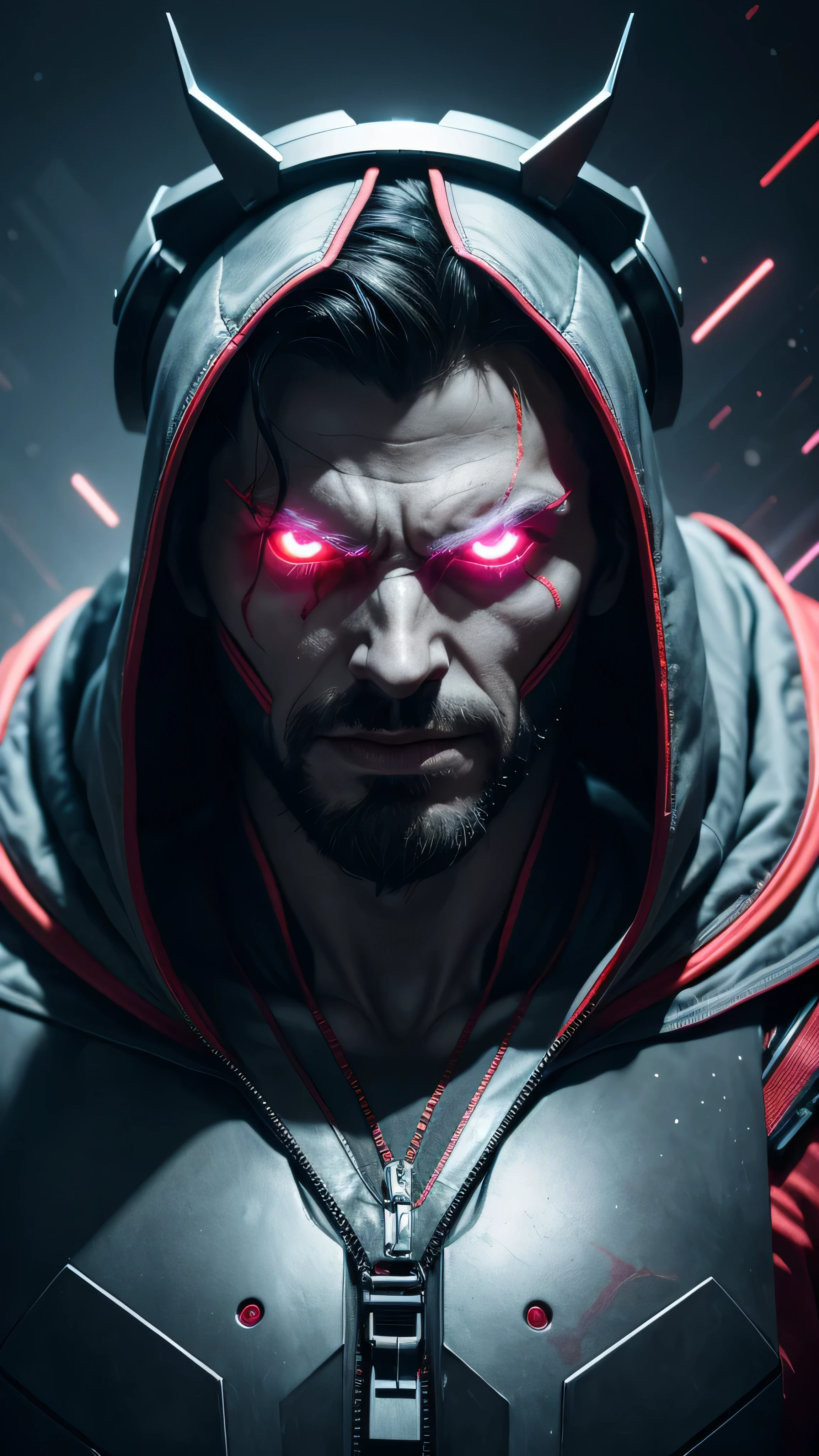 retrato, Morbius da Marvel, Biomechanics, complex robot, crescimento total, hiper-realista, pequenos detalhes insanos, extremely sharp lines, Ciberpunk aesthetic, obra-prima apresentada no Zbrush Central, brutalist gothic cathedral, Ciberpunk, foto premiada, bokeh, luzes de neon, Cyber member