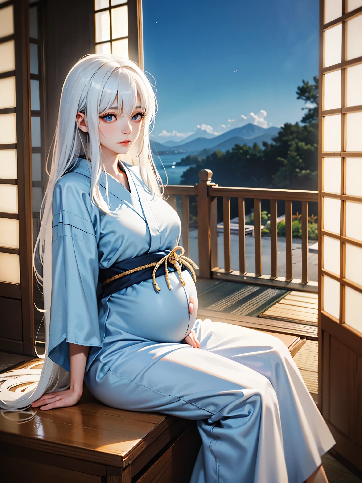 High quality, Japanese girl, long white hair, side bangs, blue eyes, beautiful, wide-eyed and beautiful, white skin, wearing a light blue kimono, sitting near the open shoji door with a beautiful view, early morning, morning sun, calming atmosphere, gentle gaze, pregnant