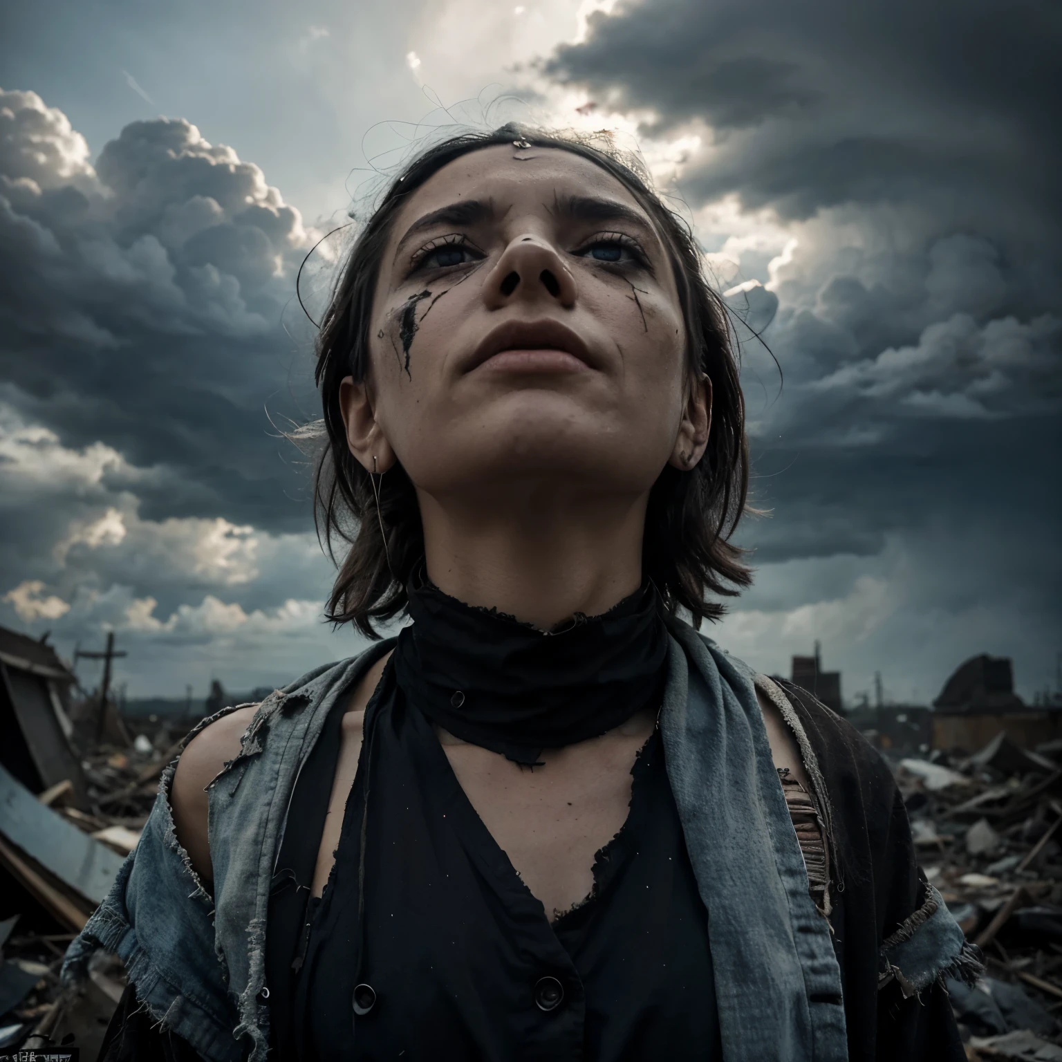 Prompt: a sick looking earthlings , clad in tattered garments, they gaze upward, their eyes meet a sky darkened by ominous clouds, a portent of the deteriorating climate