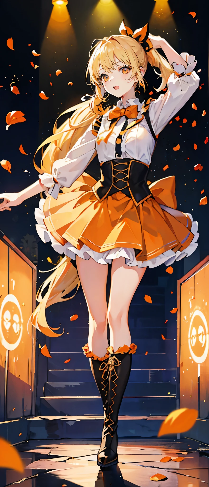 (muste piece), (best quality), very detailed, ((1 girl)), solo full body shot，Viewer&#39;s perspective，dynamic，jump，(smile)，wink，perfect face, beautiful face, very detailedな顔，((Blonde long ponytail_orange eyes:1.3))，Gorgeous idol costumes，ruffle skirt，solo idol，ribbon hair ornament，ribbon boots，knee high socks，concert dome，live，have a microphone，singing，smiling with mouth wide open，Laser Light，Spotlight，Lots of confetti、A large amount of petals dance
