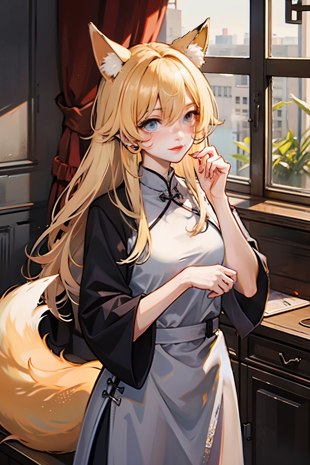 blond,girl,cheongsam,fox ears,long hair