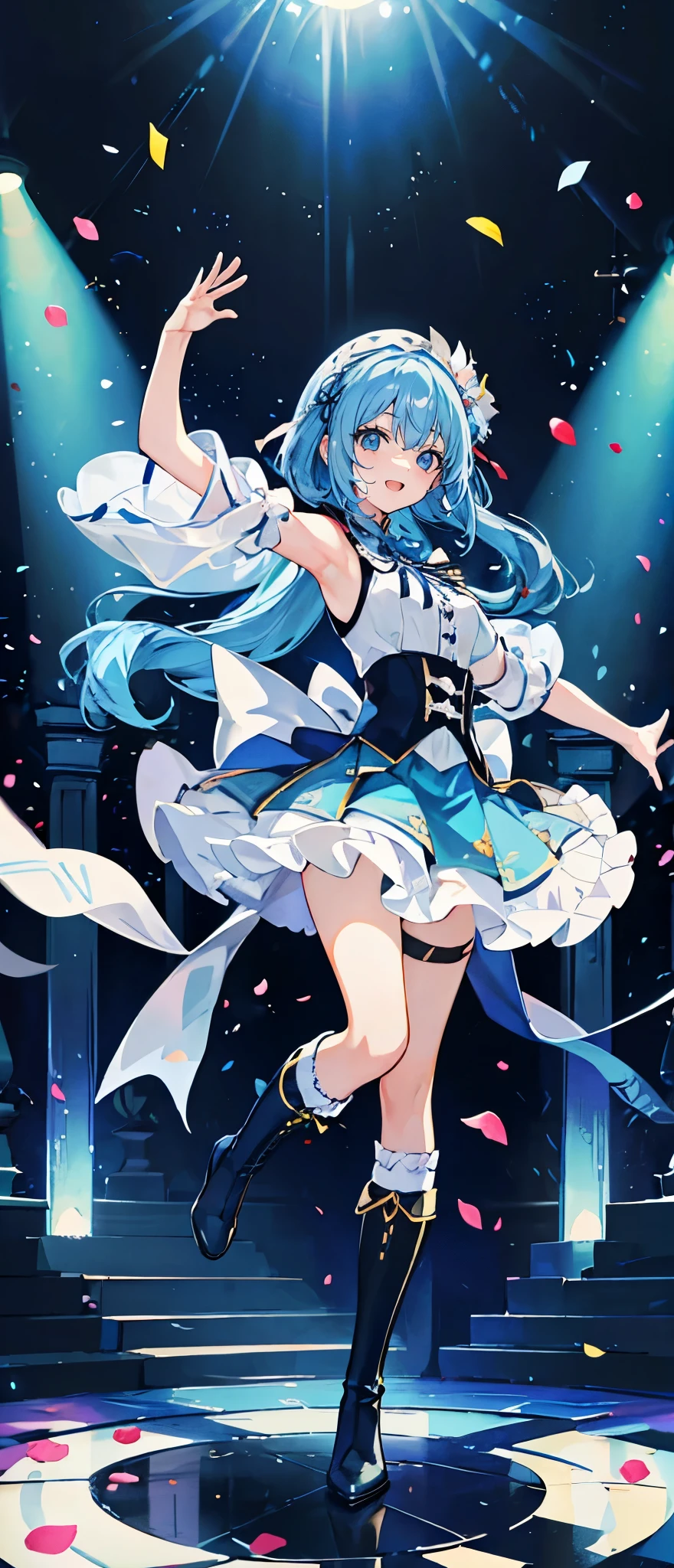 (muste piece), (best quality), very detailed, ((1 girl)), solo full body shot，Viewer&#39;s perspective，dynamic，jump，(smile)，wink，perfect face, beautiful face, very detailedな顔，((Light blue hair long hair_blue eyes:1.3))，Gorgeous idol costumes，ruffle skirt，solo idol，ribbon hair ornament，ribbon boots，knee high socks，concert dome，live，have a microphone，singing，smiling with mouth wide open，Laser Light，Spotlight，Lots of confetti、A large amount of petals dance