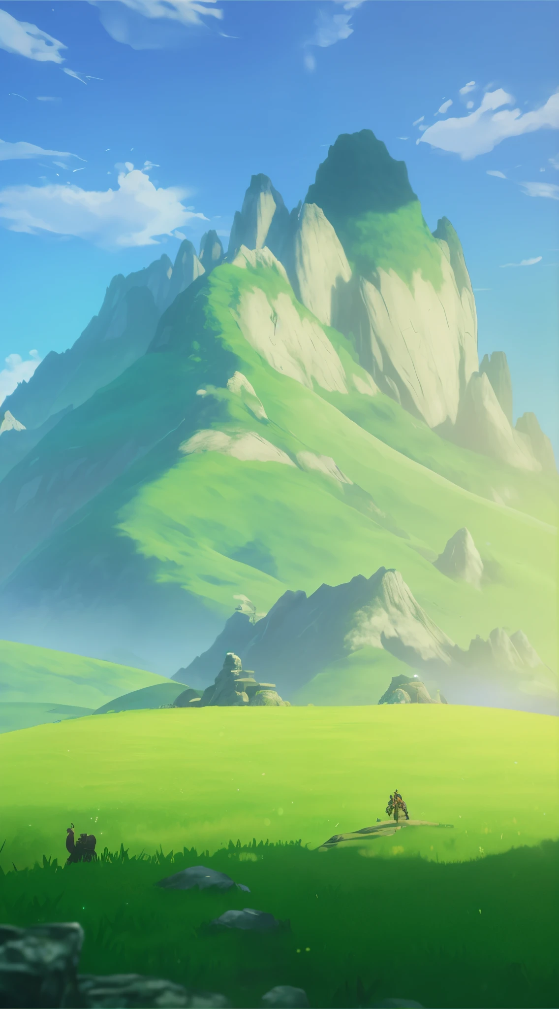 有溪流和绿色田野的山的anime scenery, zelda Breath of the wild map, epic scenery, Breath of the wild art style, Xin Haicheng Studio, anime scenery, anime scenery概念艺术, mountainous area, Otway, Breath of the wild, mountain environment, mountain behind meadow, mountain view, Mountain,anime style, backlighting, reflection light, ray tracing, retina, high details, 4K, 8k, 16k, 1080P
