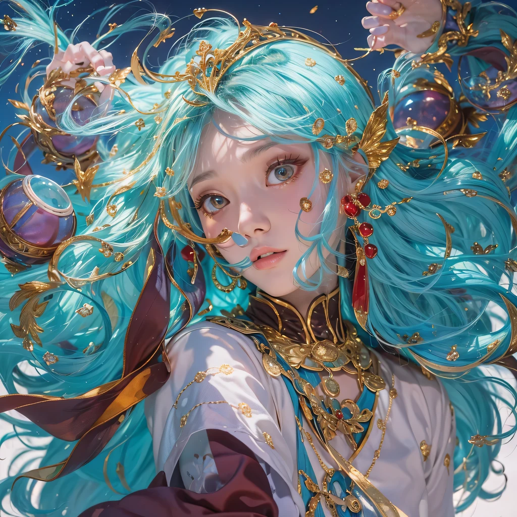Yellow blue colors,enamel,agate,A flesh-colored world,Blood Blue Maiden 32k(masterpiece,HD,Aoyama Pond,Ultra high quality,32k)long flowing bright blue hair,blood pool,Ziddink, a color,Grumpy (After greeting), (Linen scarf), fighting stance, looking at the ground, long white hair, Floating bright blue, Fire cloud gold headdress, Chinese long-sleeved gold silk burgundy garment, (Abstract metaverse splash:1.2), White background,Peony flower vitality protector(realistically:1.4),bright purple hair,Smoke on the road,The background is very pure, high resolution, detail, RAW photos, Sharp Re, Nikon D850 film photo by Jefferies Lee 4 Kodak Portra 400 camera F1.6 guns, colorful, Ultra-realistic and vivid textures, dramatic lighting, Unreal Engine Art Station Trend, Sinest 800,一个有着long flowing bright blue hair的女孩,huge colorful bubbles
