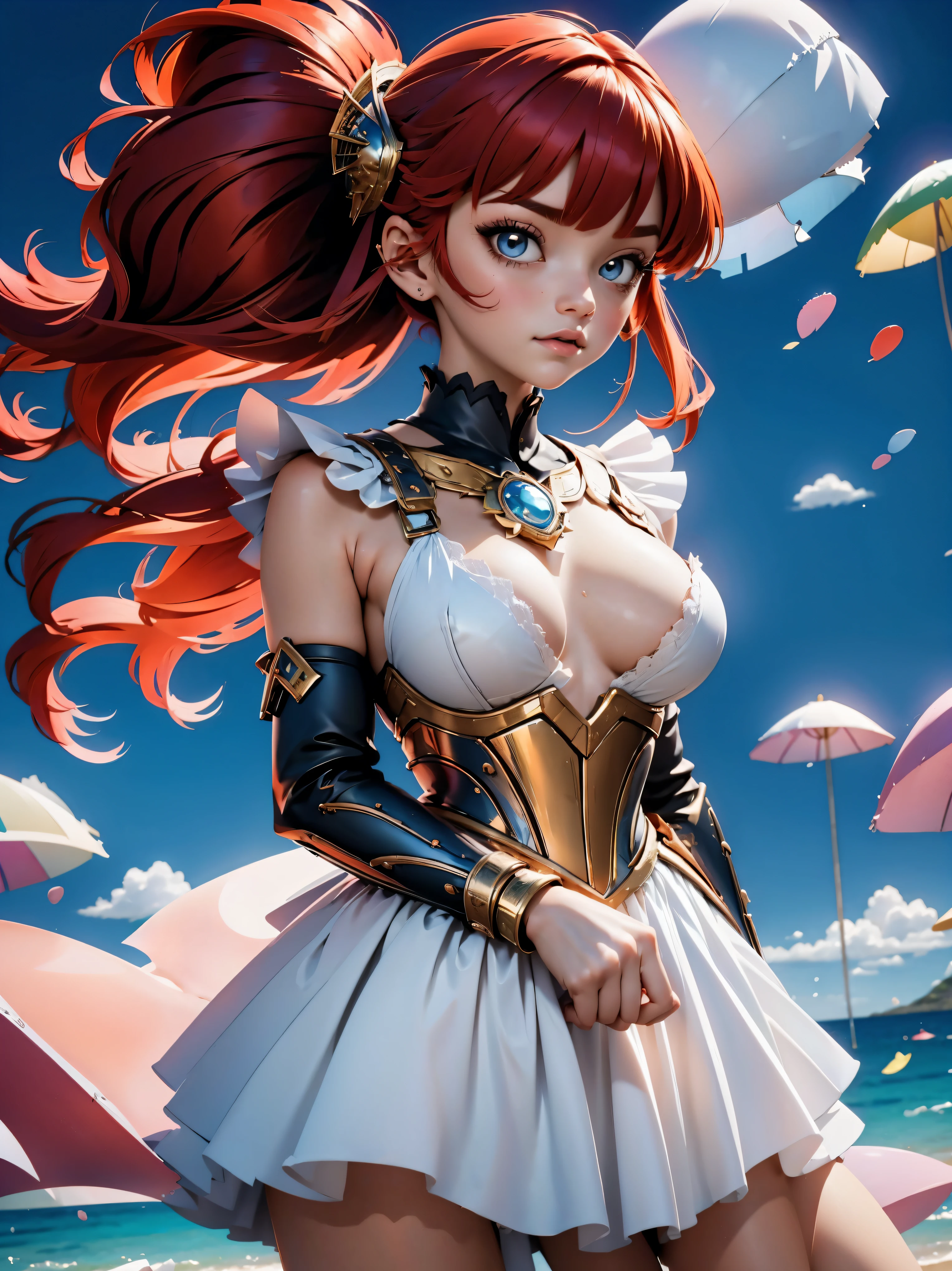 Garota anime ruiva com armadura metalica vermelha, , corpo bonito, seios grandes, postura de luta, postura de combate, garota sexy, red hair with braid, beautiful lighting, sombras suaves, olhos azuis, pernas bonitas, hair with braid, estilo anime, Ranma Chan, Autora Rumiko Takahashi, Baseado em obra de Rumiko Takahashi, Anime Ranma 1/ 2, decote sexy, quadril robusto, corpo inteiro, corpo completo, busto grande, garota jovem com corpo belo e bonito, garota 16 anosbaixa estatura, vestido armadura metalica vermelha, garota anime, estilo anime, red hair with braid, luz bonita, armadura metalica reluzente, bota preta nos pes, botas longas pretas nos pes, corpo completo inteiro