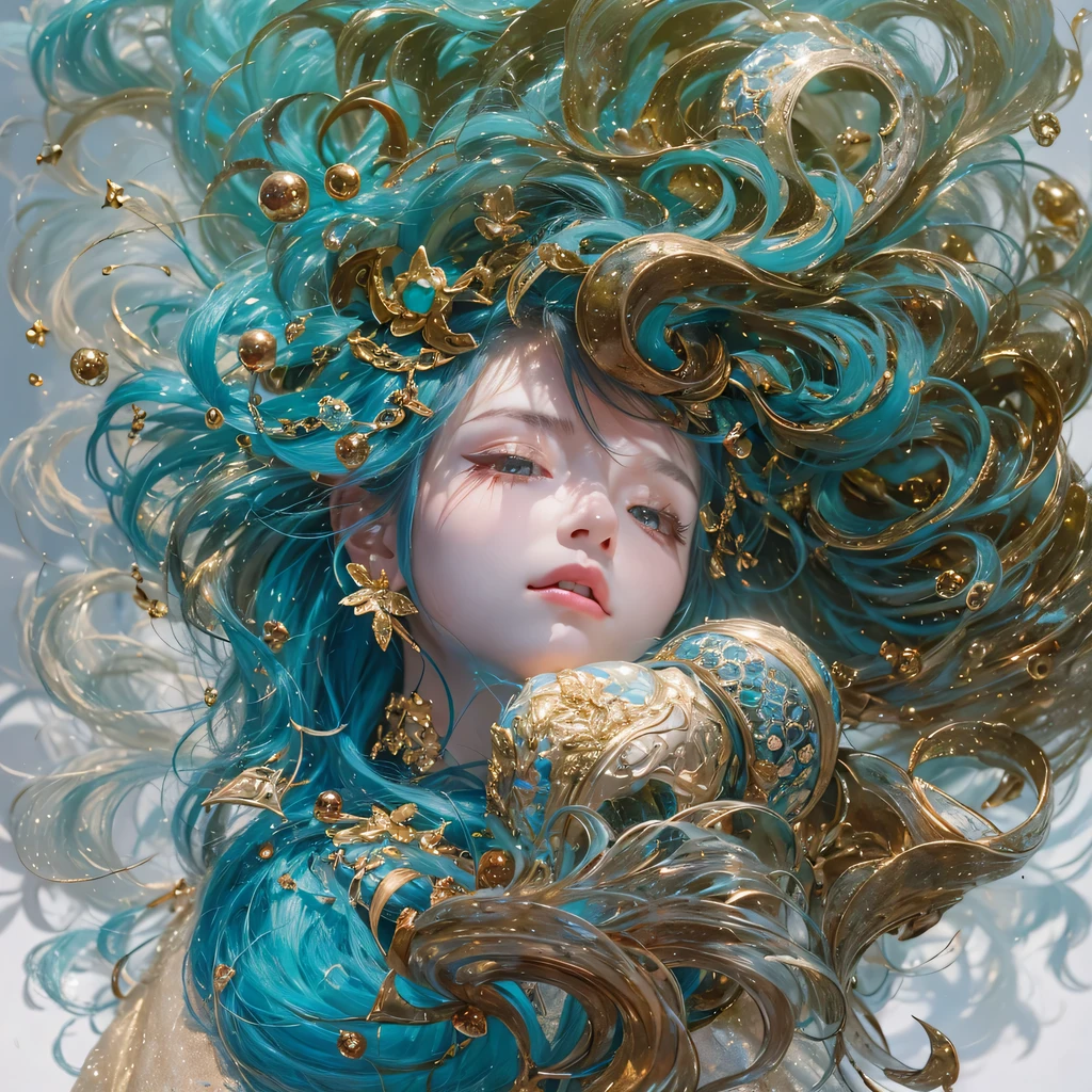 Yellow blue colors,enamel,agate,A flesh-colored world,Blood Blue Maiden 32k(masterpiece,HD,Aoyama Pond,Ultra high quality,32k)long flowing bright blue hair,blood pool,Ziddink, a color,Grumpy (After greeting), (Linen scarf), fighting stance, looking at the ground, long white hair, Floating bright blue, Fire cloud gold headdress, Chinese long-sleeved gold silk burgundy garment, (Abstract metaverse splash:1.2), White background,Peony flower vitality protector(realistically:1.4),bright purple hair,Smoke on the road,The background is very pure, high resolution, detail, RAW photos, Sharp Re, Nikon D850 film photo by Jefferies Lee 4 Kodak Portra 400 camera F1.6 guns, colorful, Ultra-realistic and vivid textures, dramatic lighting, Unreal Engine Art Station Trend, Sinest 800,一个有着long flowing bright blue hair的女孩,huge colorful bubbles