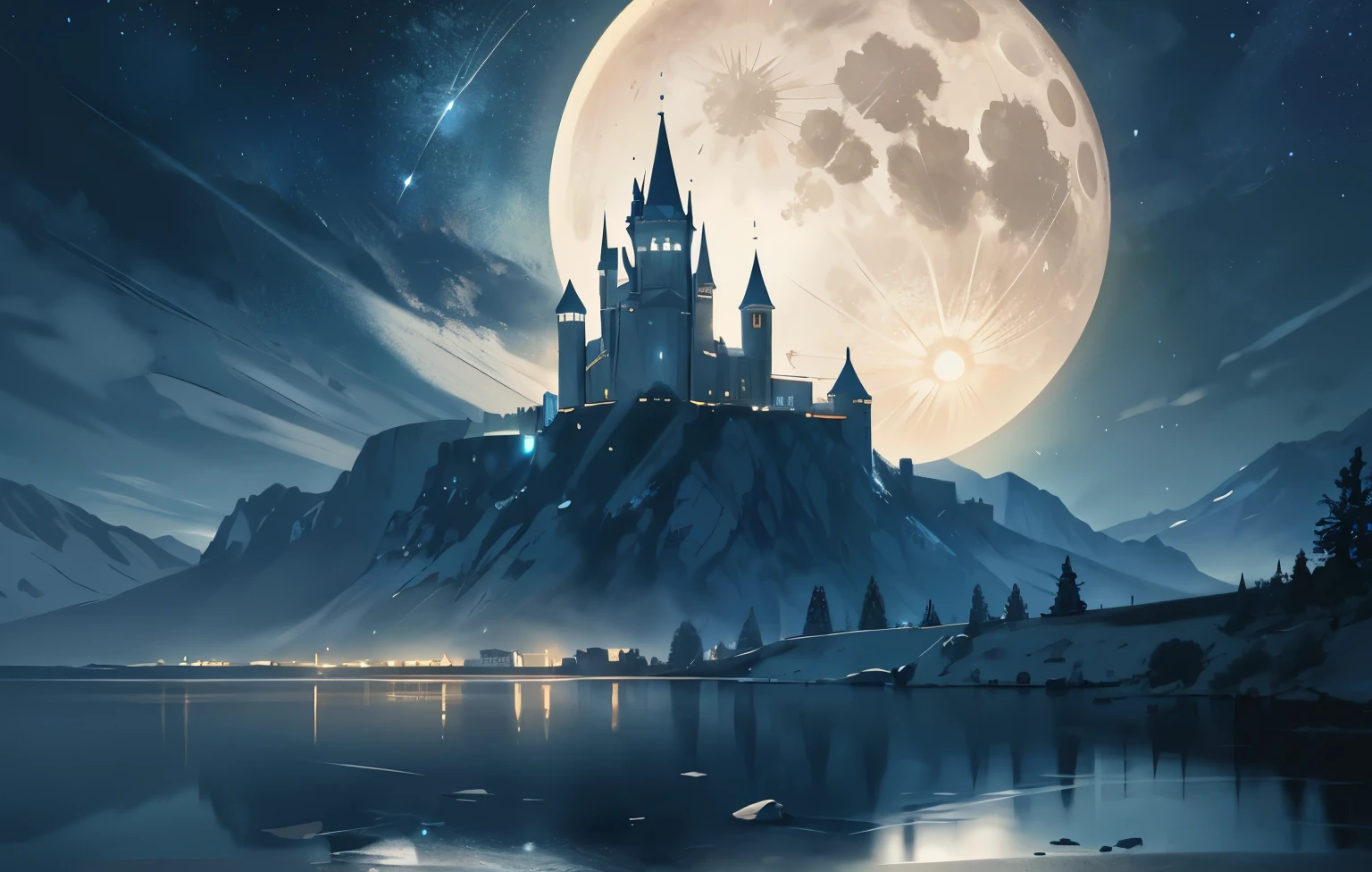 Masterpiece, breathtaking landscape, a castle in the sky gracefully hovering above, adorned with twinkling lights against the full moon's gentle glow. The milky way stretches across the night sky, its stars shimmering like diamonds, reflecting on the tranquil sea below. A serene and enchanting scene, worthy of the highest quality and most intricate details: 1.6 - Detailed castle, 1.0 - Shimmering sea, 1.4 - Realistic reflections, ultra-detailed, realistic, shining moonbeams, enchanting atmosphere, vivid colors, clarity like 8k resolution, softly lit castle corners, delicate shadows beneath
