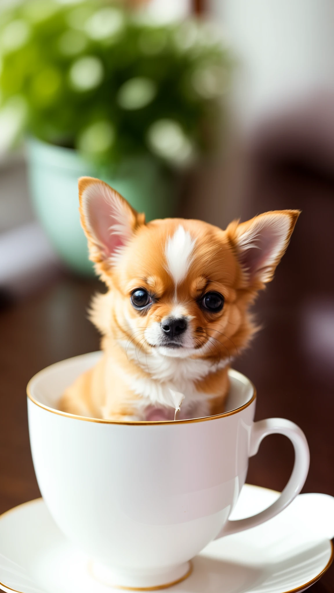 Alafie puppy sitting in a cup on a saucer, cute犬, cute動物, Chihuahua, small dog, portrait shot, Written by Bernardino May, shutter stock, kawaii cute犬, long - haired Chihuahua, cute、adorable, 美しくてcute, 一番cute, teeth ((drink a cup of tea)), cute生き物, adorable人のクローズアップ, 可愛くてadorable, cuteコーギー