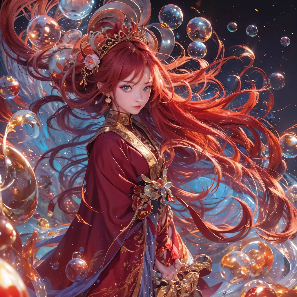 Poached egg series，red，enamel，agate，A flesh-colored world，Blood Blue Maiden 32k（masterpiece，HD，Aoyama Pond，Ultra high quality，32k）飘逸的亮red长发，blood pool，Ziddink， a color，Grumpy （After greeting）， （Linen scarf）， fighting stance， looking at the ground， Long red hair， Floating bright blue， Fire cloud gold headdress， 中国长袖金丝酒red服装， （Abstract metaverse splash：1.2）， White background，Peony flower vitality protector（realistically：1.4），bright purple hair，Smoke on the road，The background is very pure， high resolution， detail， RAW photos， Sharp Re， Nikon D850 film photo by Jefferies Lee 4 Kodak Portra 400 camera F1.6 guns, colorful, Ultra-realistic and vivid textures, dramatic lighting, Unreal Engine Art Station Trend, Sinest 800，一个有着长长的飘逸亮red头发的女孩，huge colorful bubbles