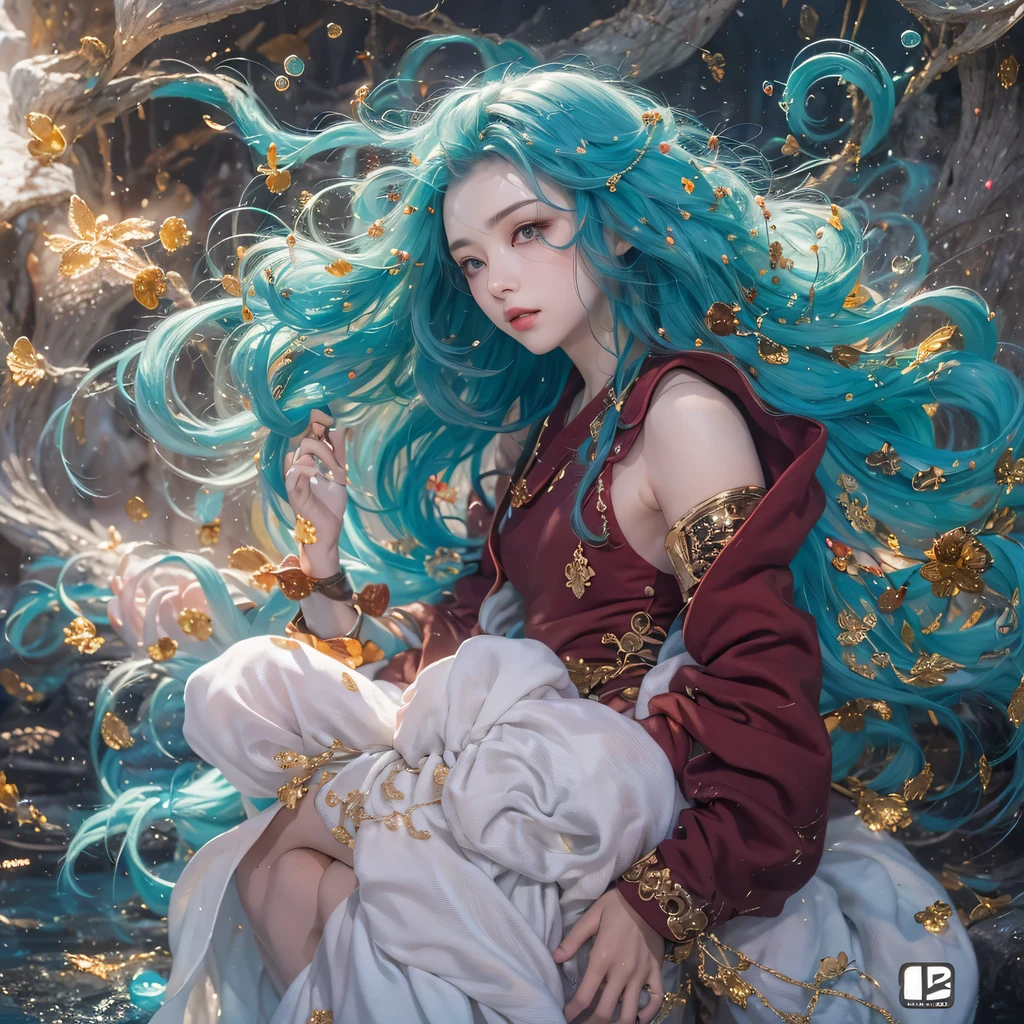 Yellow blue colors,enamel,agate,A flesh-colored world,Blood Blue Maiden 32k(masterpiece,HD,Aoyama Pond,Ultra high quality,32k)long flowing bright blue hair,blood pool,Ziddink, a color,Grumpy (After greeting), (Linen scarf), fighting stance, looking at the ground, long white hair, Floating bright blue, Fire cloud gold headdress, Chinese long-sleeved gold silk burgundy garment, (Abstract metaverse splash:1.2), White background,Peony flower vitality protector(realistically:1.4),bright purple hair,Smoke on the road,The background is very pure, high resolution, detail, RAW photos, Sharp Re, Nikon D850 film photo by Jefferies Lee 4 Kodak Portra 400 camera F1.6 guns, colorful, Ultra-realistic and vivid textures, dramatic lighting, Unreal Engine Art Station Trend, Sinest 800,一个有着long flowing bright blue hair的女孩,huge colorful bubbles