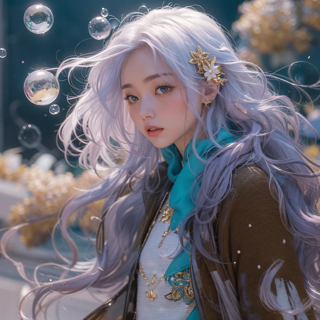 Yellow blue colors,enamel,agate,A flesh-colored world,Blood Blue Maiden 32k(masterpiece,HD,Aoyama Pond,Ultra high quality,32k)long flowing bright blue hair,blood pool,Ziddink, a color,Grumpy (After greeting), (Linen scarf), fighting stance, looking at the ground, long white hair, Floating bright blue, Fire cloud gold headdress, Chinese long-sleeved gold silk burgundy garment, (Abstract metaverse splash:1.2), White background,Peony flower vitality protector(realistically:1.4),bright purple hair,Smoke on the road,The background is very pure, high resolution, detail, RAW photos, Sharp Re, Nikon D850 film photo by Jefferies Lee 4 Kodak Portra 400 camera F1.6 guns, colorful, Ultra-realistic and vivid textures, dramatic lighting, Unreal Engine Art Station Trend, Sinest 800,一个有着long flowing bright blue hair的女孩,huge colorful bubbles
