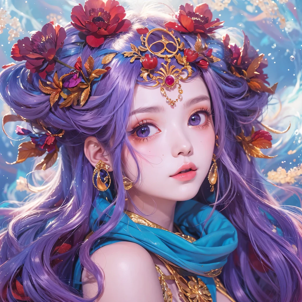 Yellow blue colors，enamel，agate，A flesh-colored world，Blood Blue Maiden 32k（masterpiece，HD，Aoyama Pond，Ultra high quality，32k）long flowing bright blue hair，blood pool，Ziddink， a color，Grumpy （After greeting）， （Linen scarf）， fighting stance， looking at the ground， long white hair， Floating bright blue， Fire cloud gold headdress， Chinese long-sleeved gold silk burgundy garment， （Abstract metaverse splash：1.2）， White background，Peony flower vitality protector（realistically：1.4），bright purple hair，Smoke on the road，The background is very pure， high resolution， detail， RAW photos， Sharp Re， Nikon D850 film photo by Jefferies Lee 4 Kodak Portra 400 camera F1.6 guns, colorful, Ultra-realistic and vivid textures, dramatic lighting, Unreal Engine Art Station Trend, Sinest 800，一个有着long flowing bright blue hair的女孩，huge colorful bubbles