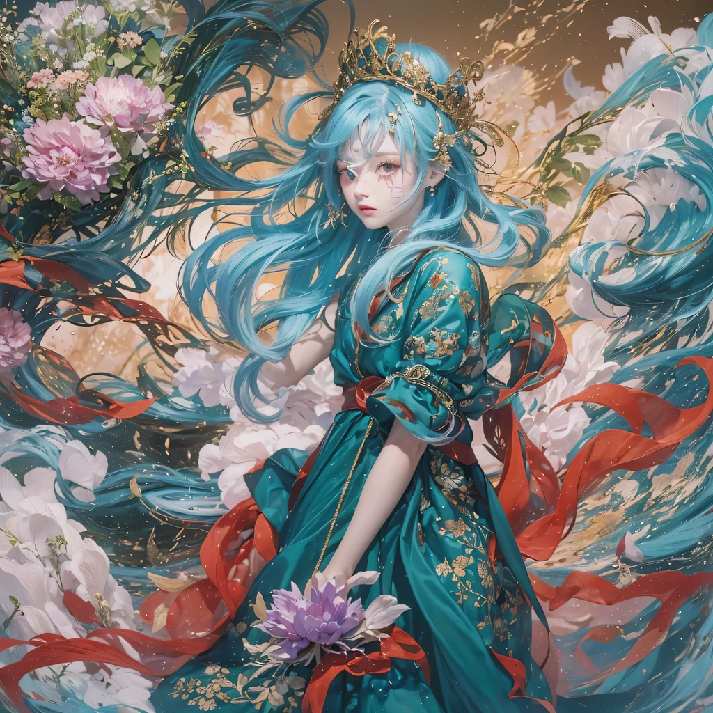 Yellow blue colors,enamel,agate,A flesh-colored world,Blood Blue Maiden 32k(masterpiece,HD,Aoyama Pond,Ultra high quality,32k)long flowing bright blue hair,blood pool,Ziddink, a color,Grumpy (After greeting), (Linen scarf), fighting stance, looking at the ground, long white hair, Floating bright blue, Fire cloud gold headdress, Chinese long-sleeved gold silk burgundy garment, (Abstract metaverse splash:1.2), White background,Peony flower vitality protector(realistically:1.4),bright purple hair,Smoke on the road,The background is very pure, high resolution, detail, RAW photos, Sharp Re, Nikon D850 film photo by Jefferies Lee 4 Kodak Portra 400 camera F1.6 guns, colorful, Ultra-realistic and vivid textures, dramatic lighting, Unreal Engine Art Station Trend, Sinest 800,一个有着long flowing bright blue hair的女孩,huge colorful bubbles