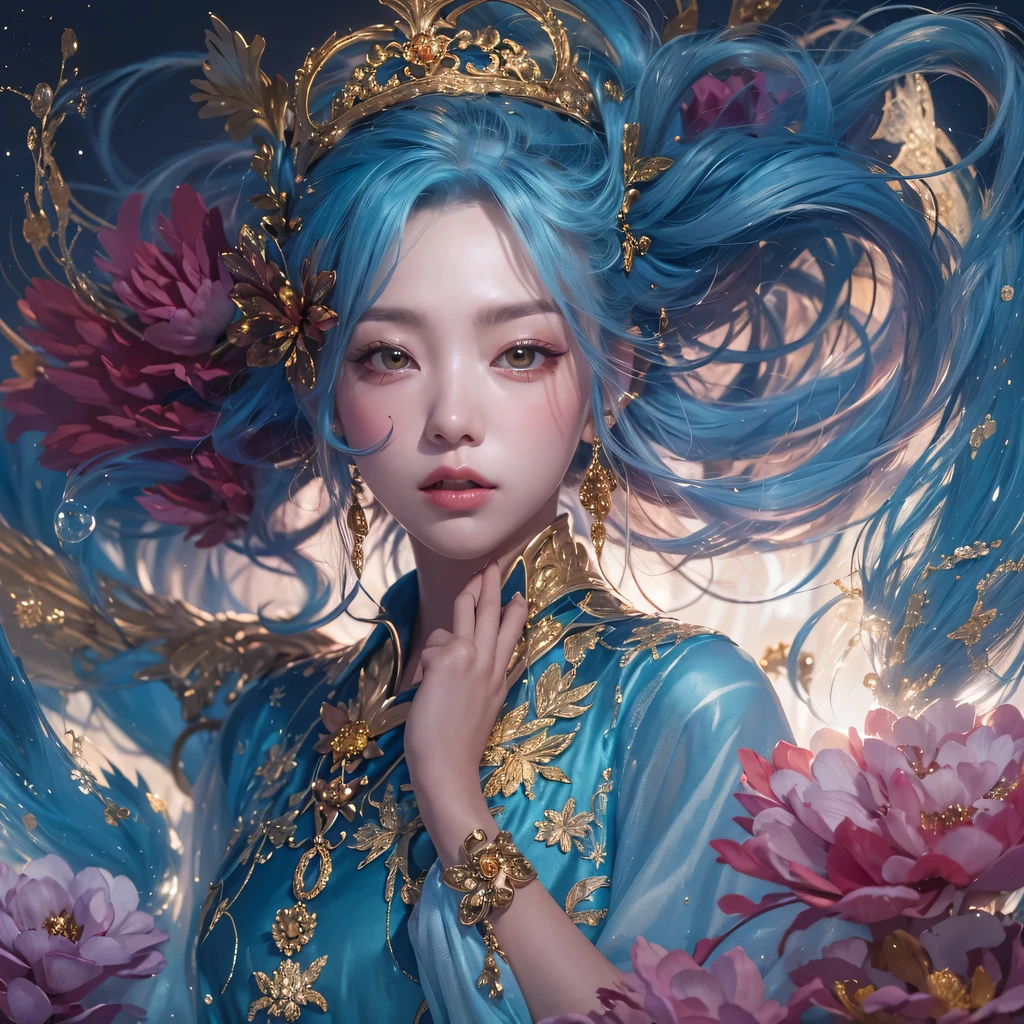 Yellow blue colors，enamel，agate，A flesh-colored world，Blood Blue Maiden 32k（masterpiece，HD，Aoyama Pond，Ultra high quality，32k）long flowing bright blue hair，blood pool，Ziddink， a color，Grumpy （After greeting）， （Linen scarf）， fighting stance， looking at the ground， long white hair， Floating bright blue， Fire cloud gold headdress， Chinese long-sleeved gold silk burgundy garment， （Abstract metaverse splash：1.2）， White background，Peony flower vitality protector（realistically：1.4），bright purple hair，Smoke on the road，The background is very pure， high resolution， detail， RAW photos， Sharp Re， Nikon D850 film photo by Jefferies Lee 4 Kodak Portra 400 camera F1.6 guns, colorful, Ultra-realistic and vivid textures, dramatic lighting, Unreal Engine Art Station Trend, Sinest 800，一个有着long flowing bright blue hair的女孩，huge colorful bubbles